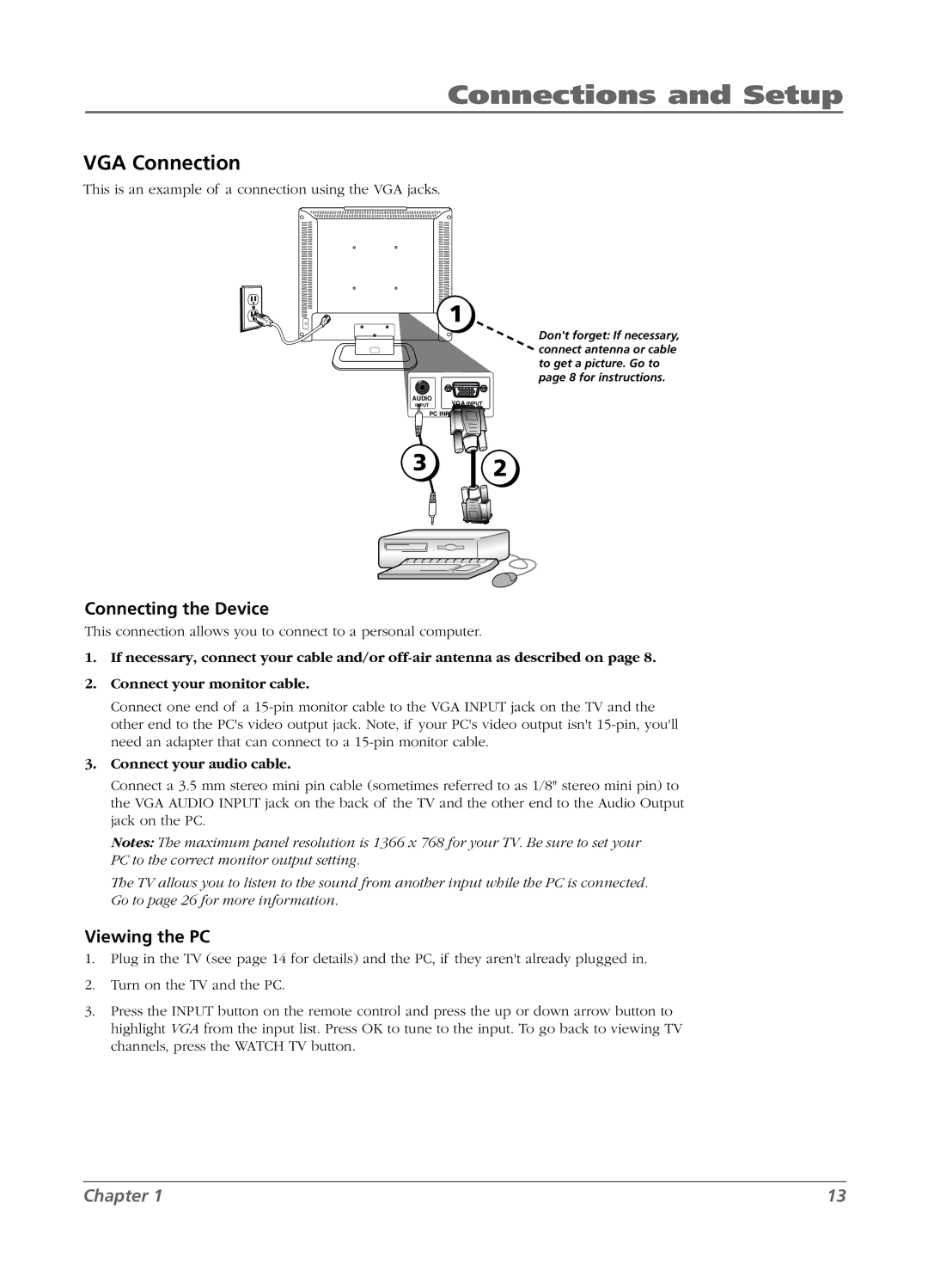 RCA L15D20 manual VGA Connection, Viewing the PC 