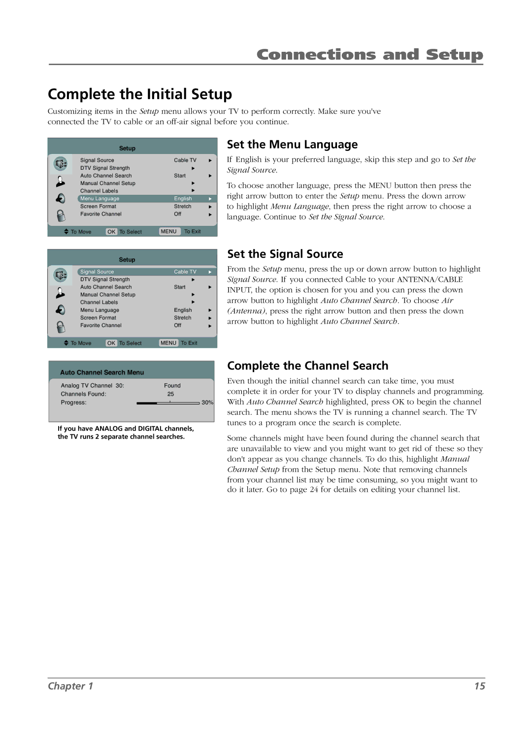 RCA L15D20 manual Complete the Initial Setup, Set the Menu Language, Set the Signal Source, Complete the Channel Search 