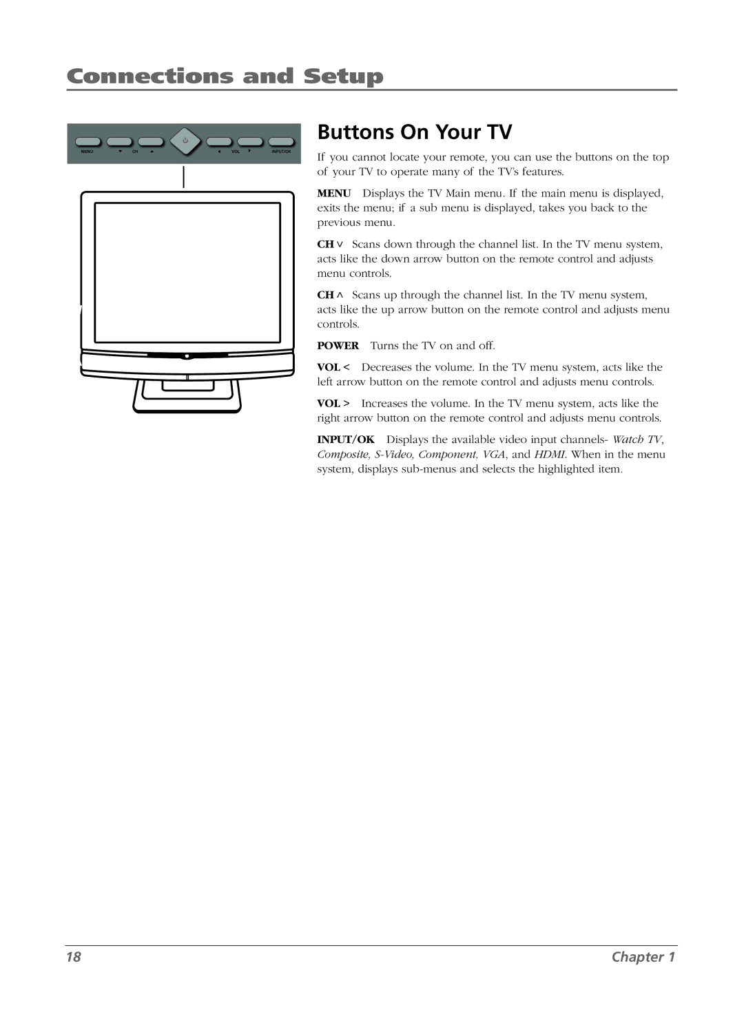 RCA L15D20 manual Buttons On Your TV, Scans up through the channel list. In the TV menu system 