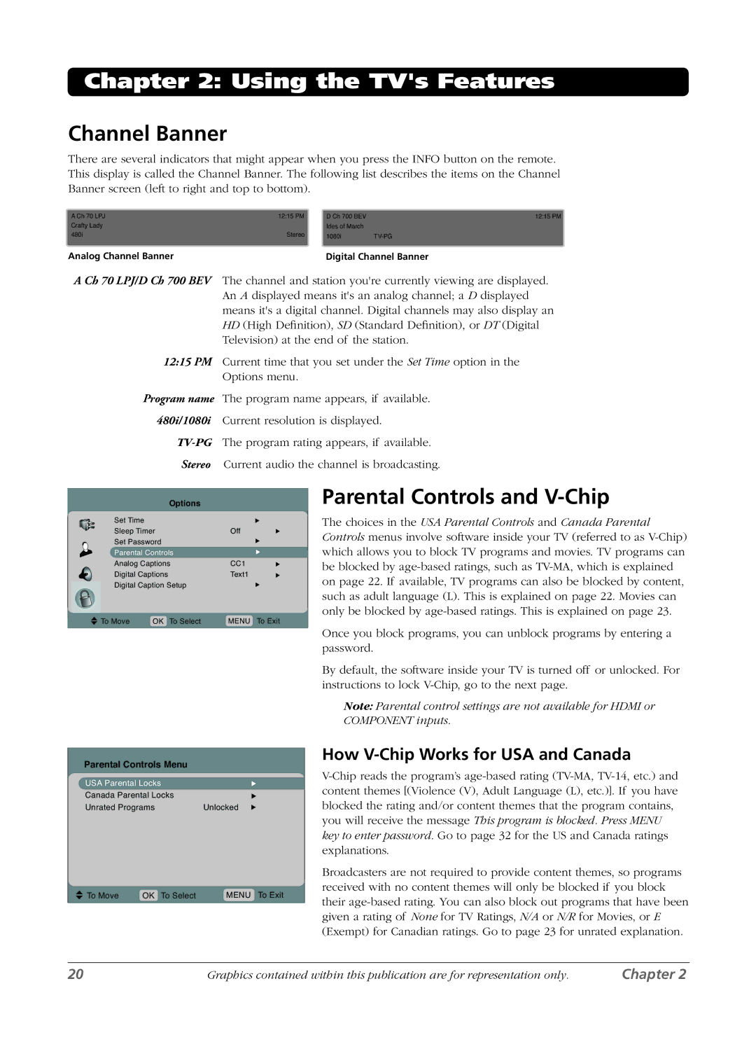 RCA L15D20 manual Channel Banner, Parental Controls and V-Chip, How V-Chip Works for USA and Canada, Parental Controls Menu 