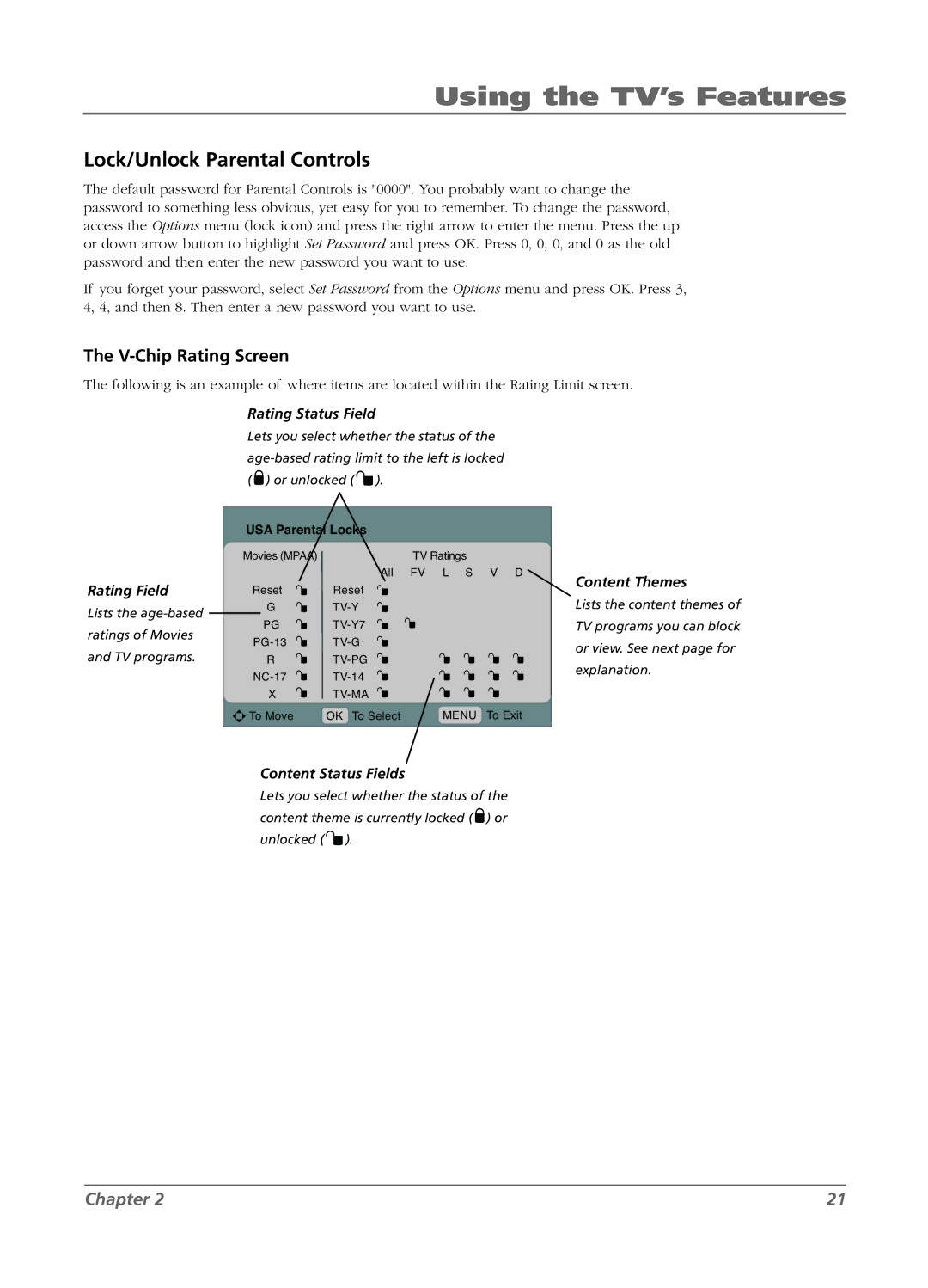 RCA L15D20 manual Using the TV’s Features, Lock/Unlock Parental Controls, V-Chip Rating Screen 