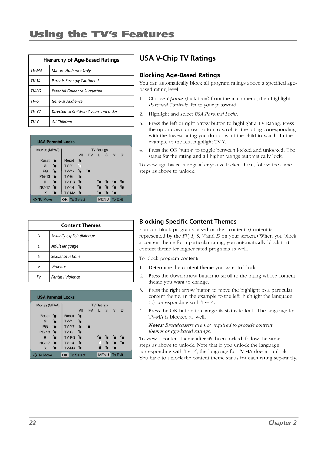 RCA L15D20 manual USA V-Chip TV Ratings, Blocking Age-Based Ratings, Blocking Speciﬁc Content Themes, USA Parental Locks 