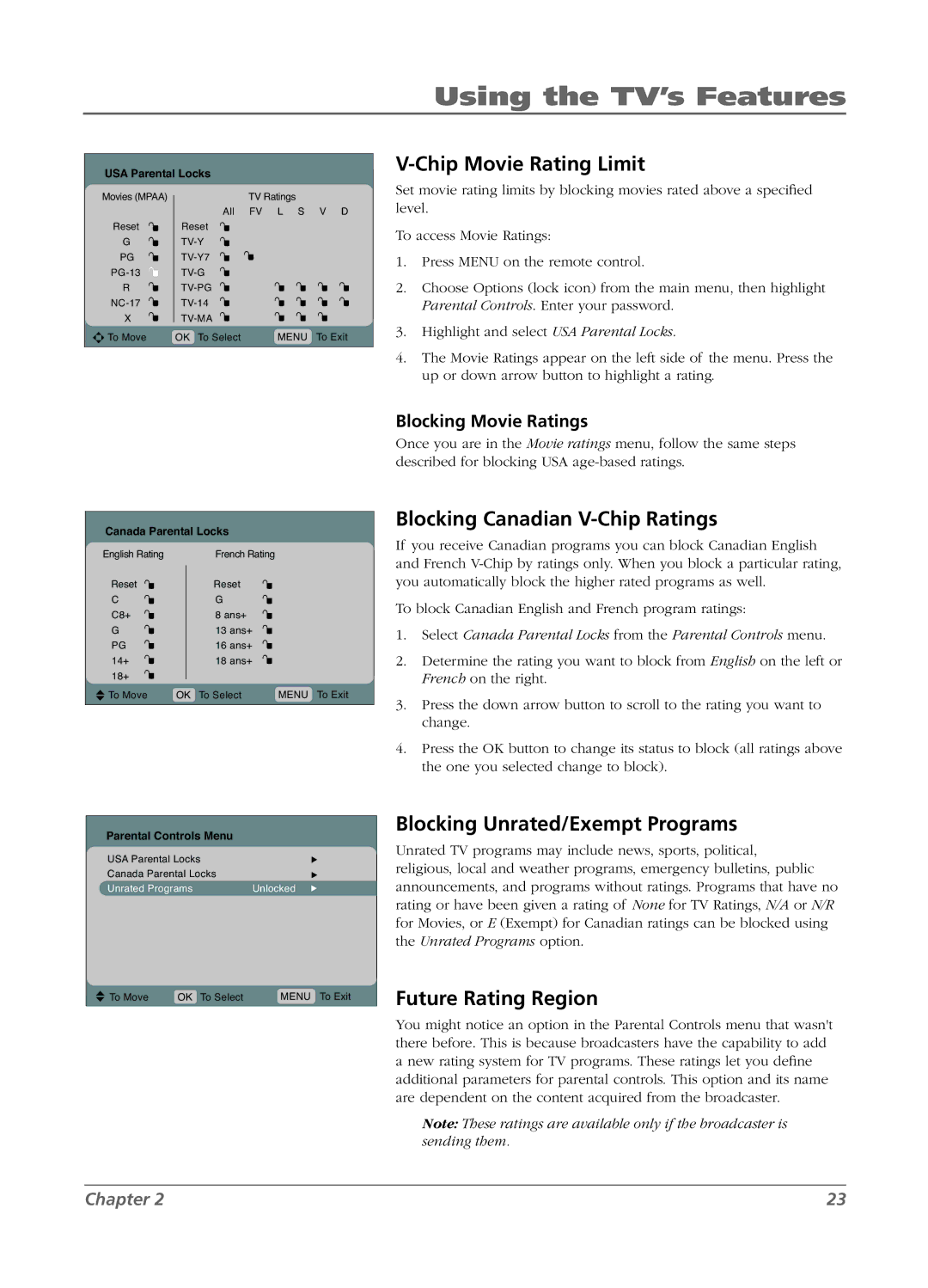 RCA L15D20 manual Chip Movie Rating Limit, Blocking Canadian V-Chip Ratings, Blocking Unrated/Exempt Programs 