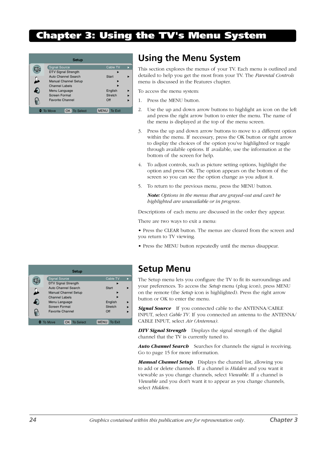 RCA L15D20 manual Using the Menu System, Setup Menu 