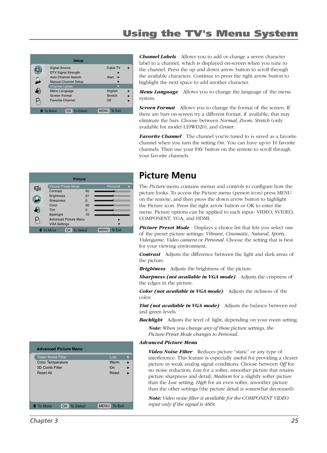 RCA L15D20 manual Using the TVs Menu System, Advanced Picture Menu 