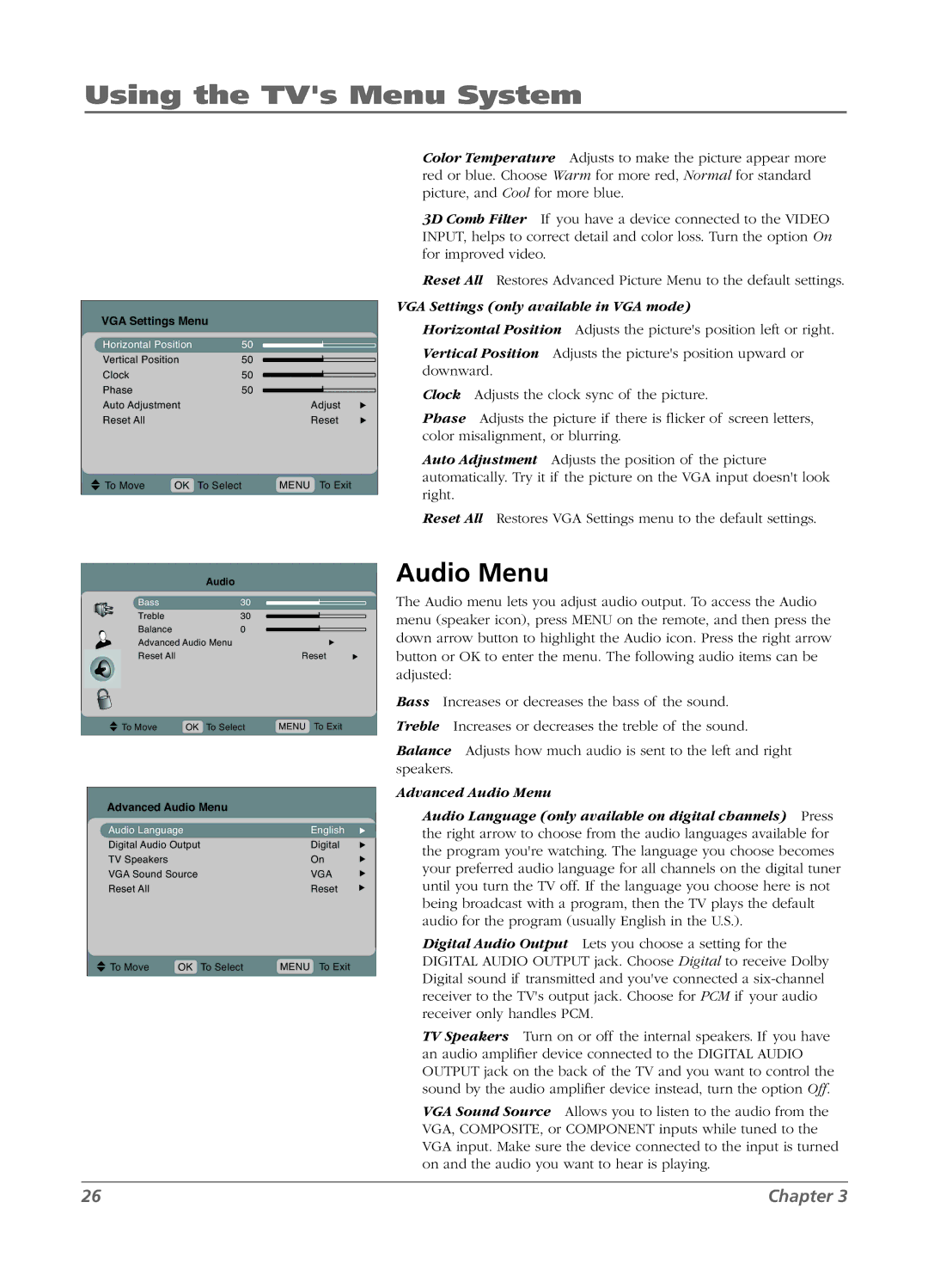 RCA L15D20 manual Advanced Audio Menu 