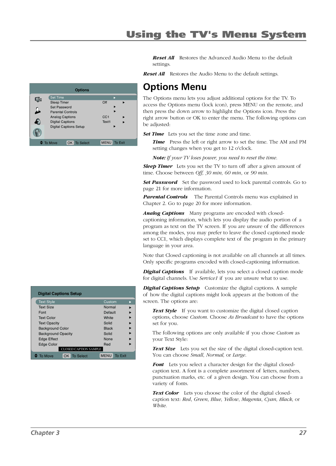 RCA L15D20 manual Options Menu, Digital Captions Setup 