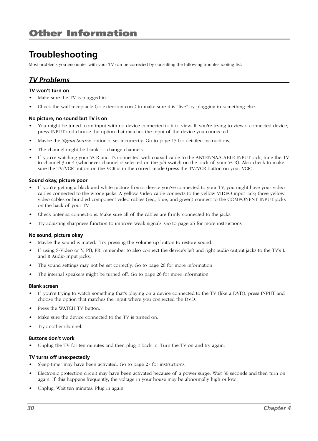 RCA L15D20 manual Other Information, Troubleshooting 