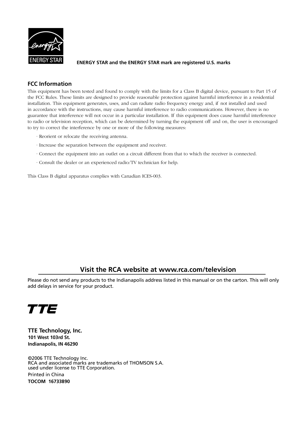 RCA L15D20 manual FCC Information, TTE Technology, Inc 