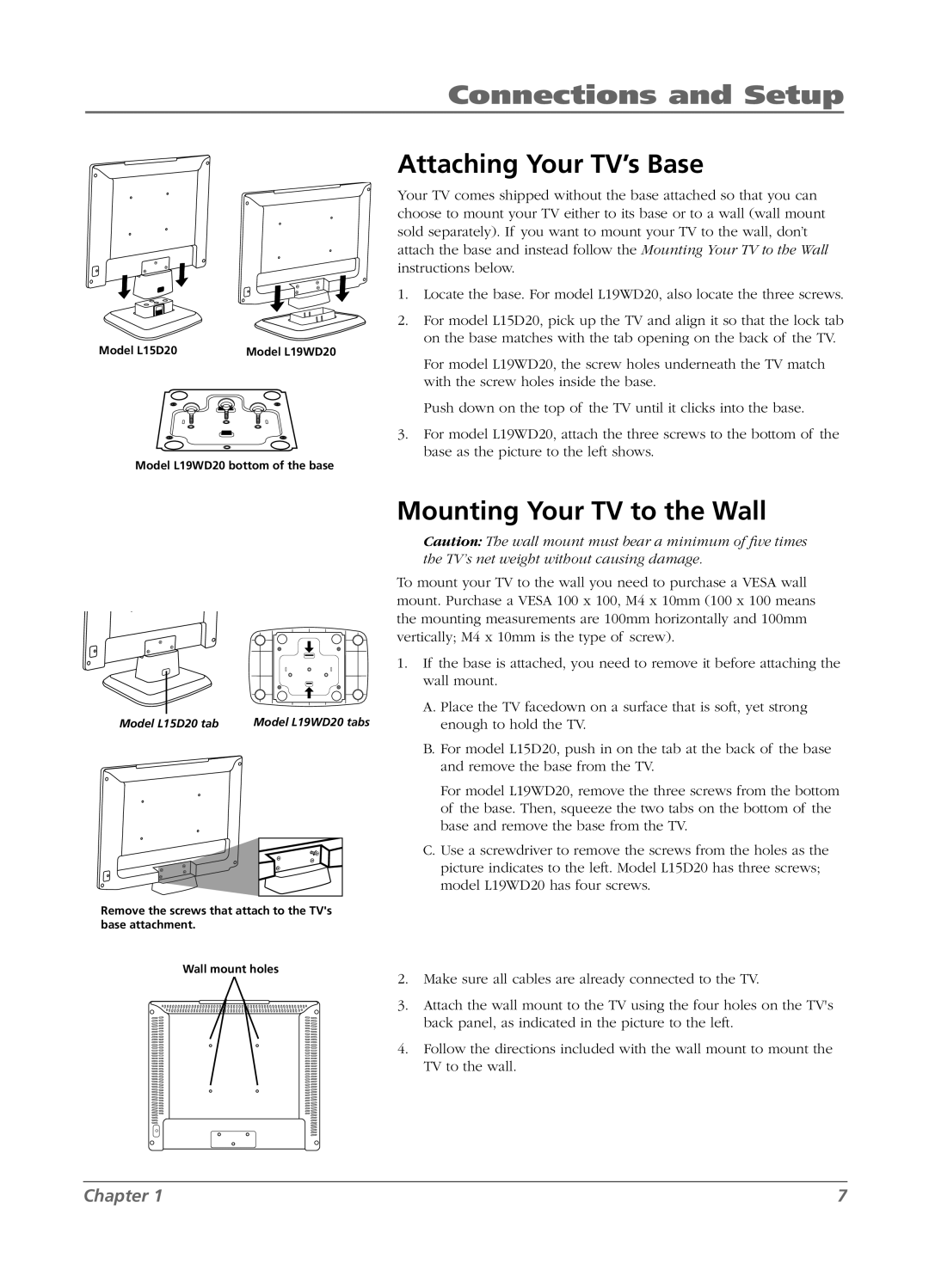 RCA L15D20 manual Connections and Setup, Attaching Your TV’s Base, Mounting Your TV to the Wall 