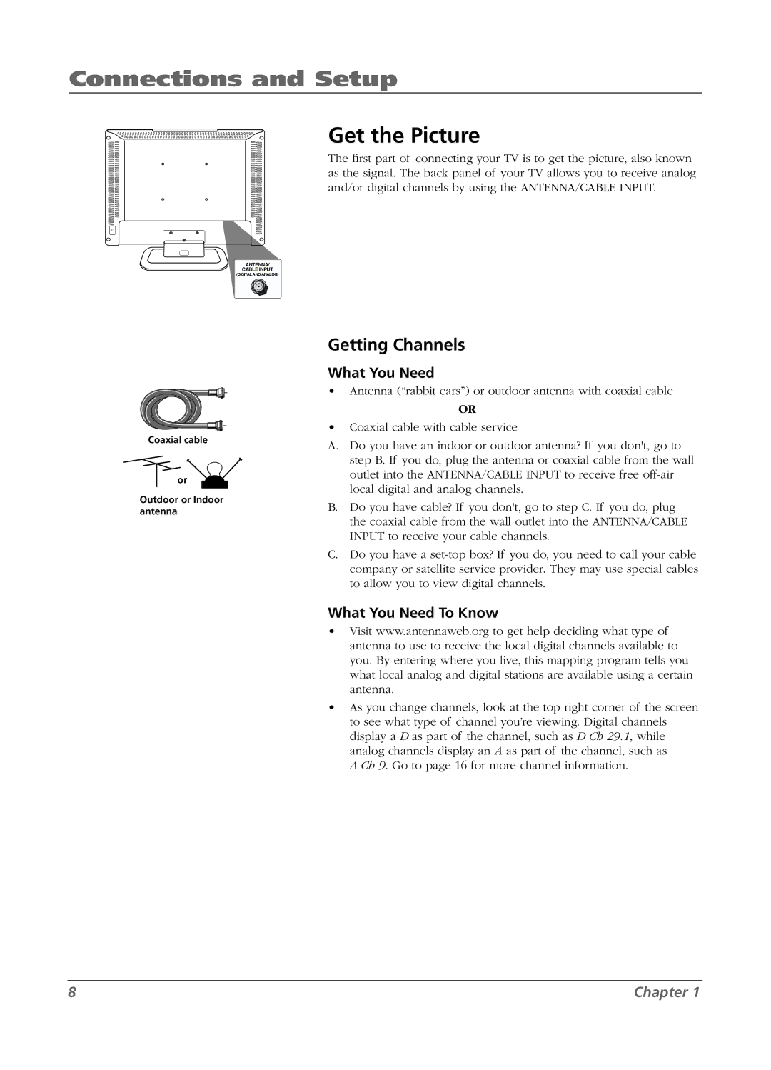 RCA L15D20 manual Get the Picture, Getting Channels, What You Need To Know 