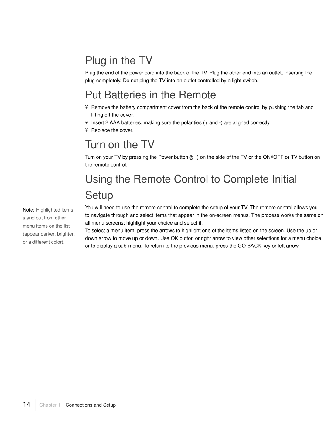 RCA L19HD41 warranty Plug in the TV, Put Batteries in the Remote, Turn on the TV 