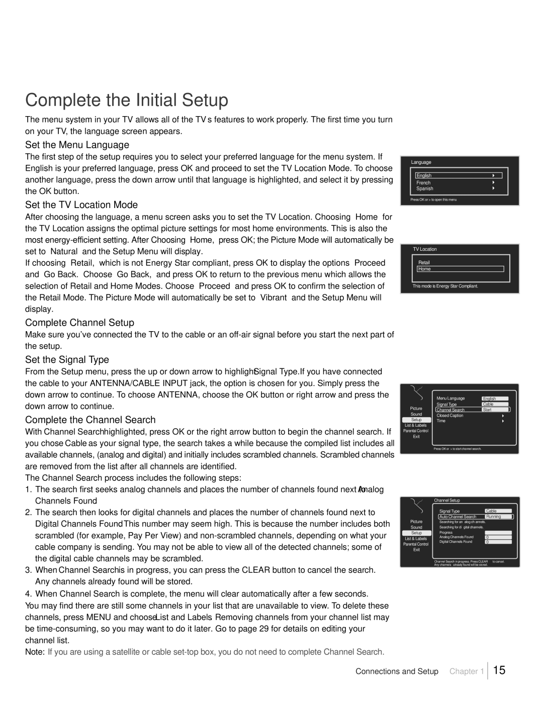 RCA L19HD41 warranty Complete the Initial Setup, Set the Menu Language, Set the TV Location Mode, Complete Channel Setup 