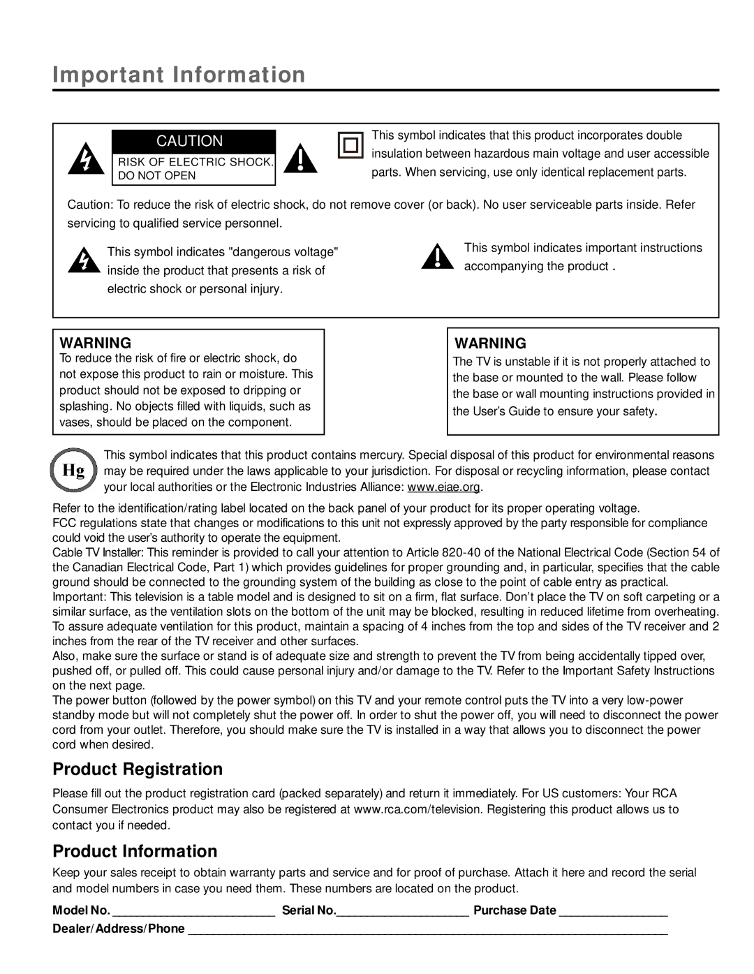 RCA L19HD41 warranty Important Information 