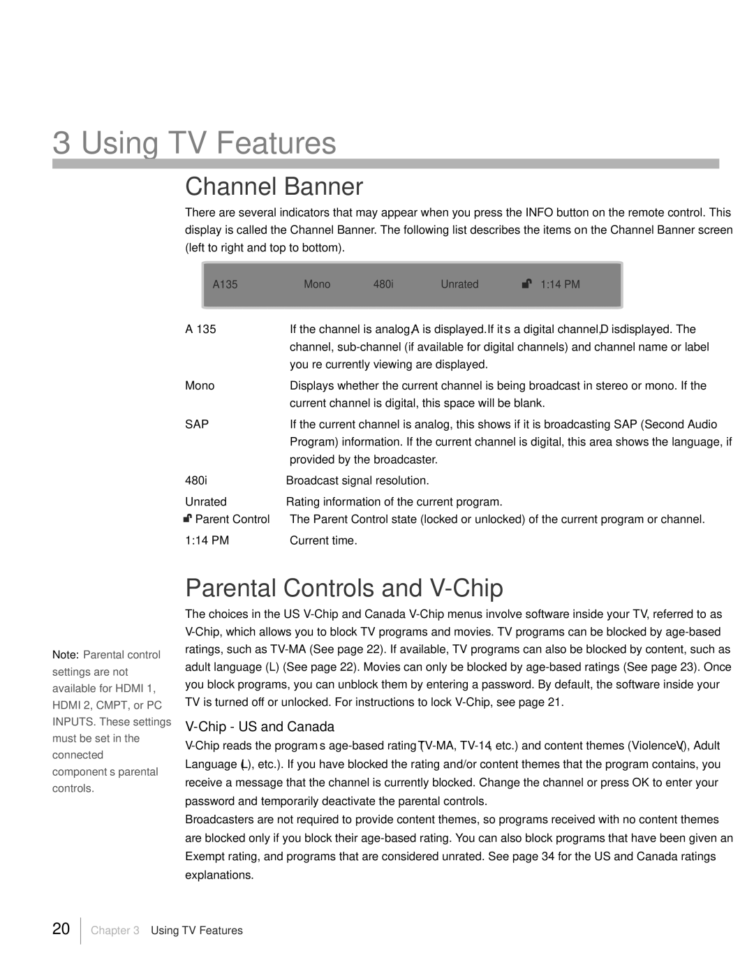 RCA L19HD41 warranty Channel Banner, Parental Controls and V-Chip, Chip US and Canada 