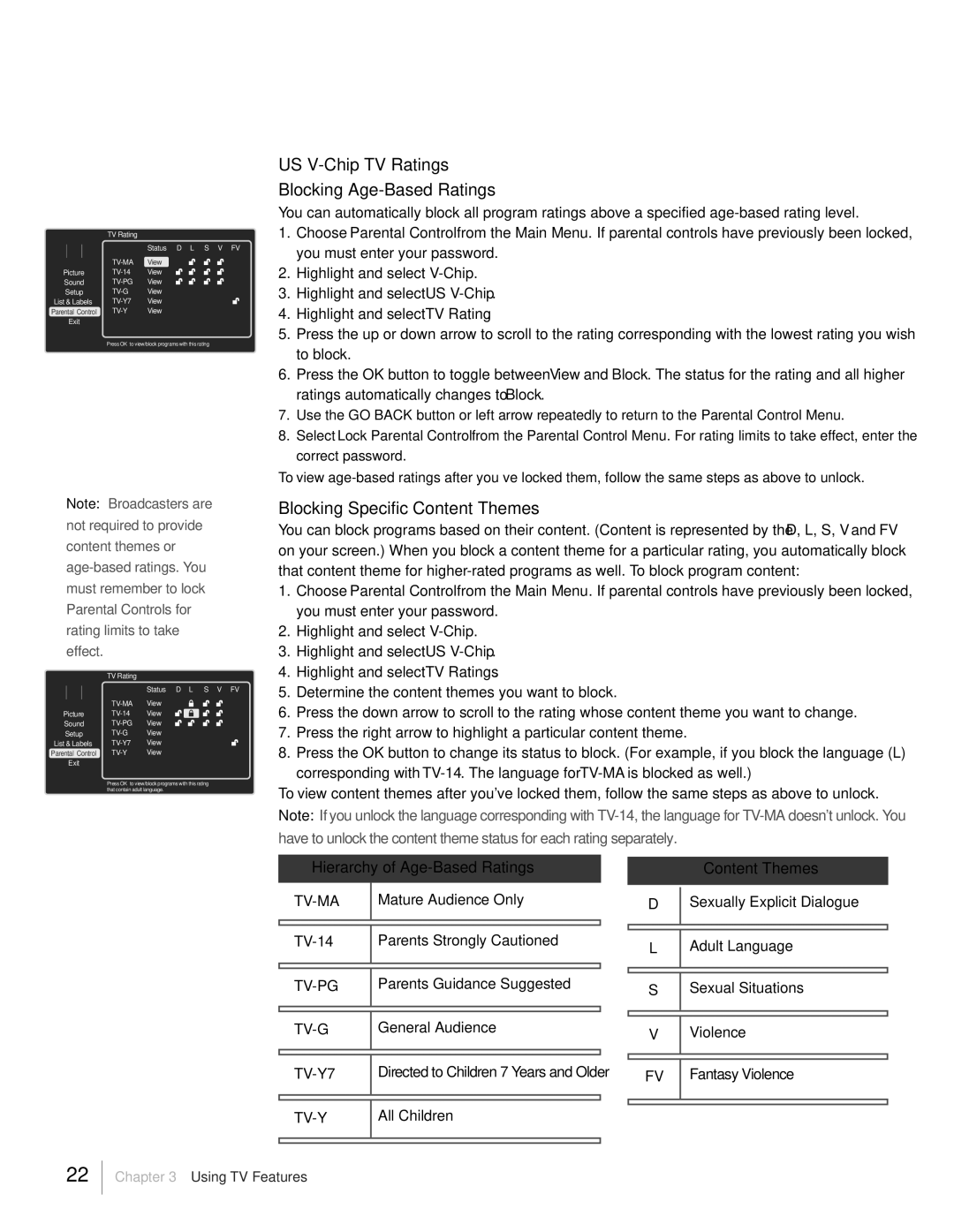 RCA L19HD41 warranty US V-Chip TV Ratings, Blocking Age-Based Ratings, Blocking Specific Content Themes 