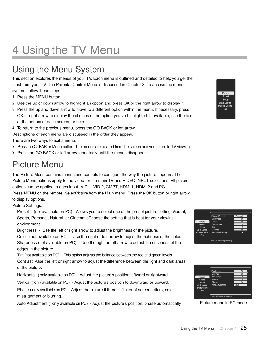 RCA L19HD41 warranty Using the Menu System, Picture Menu, Picture menu in PC mode 