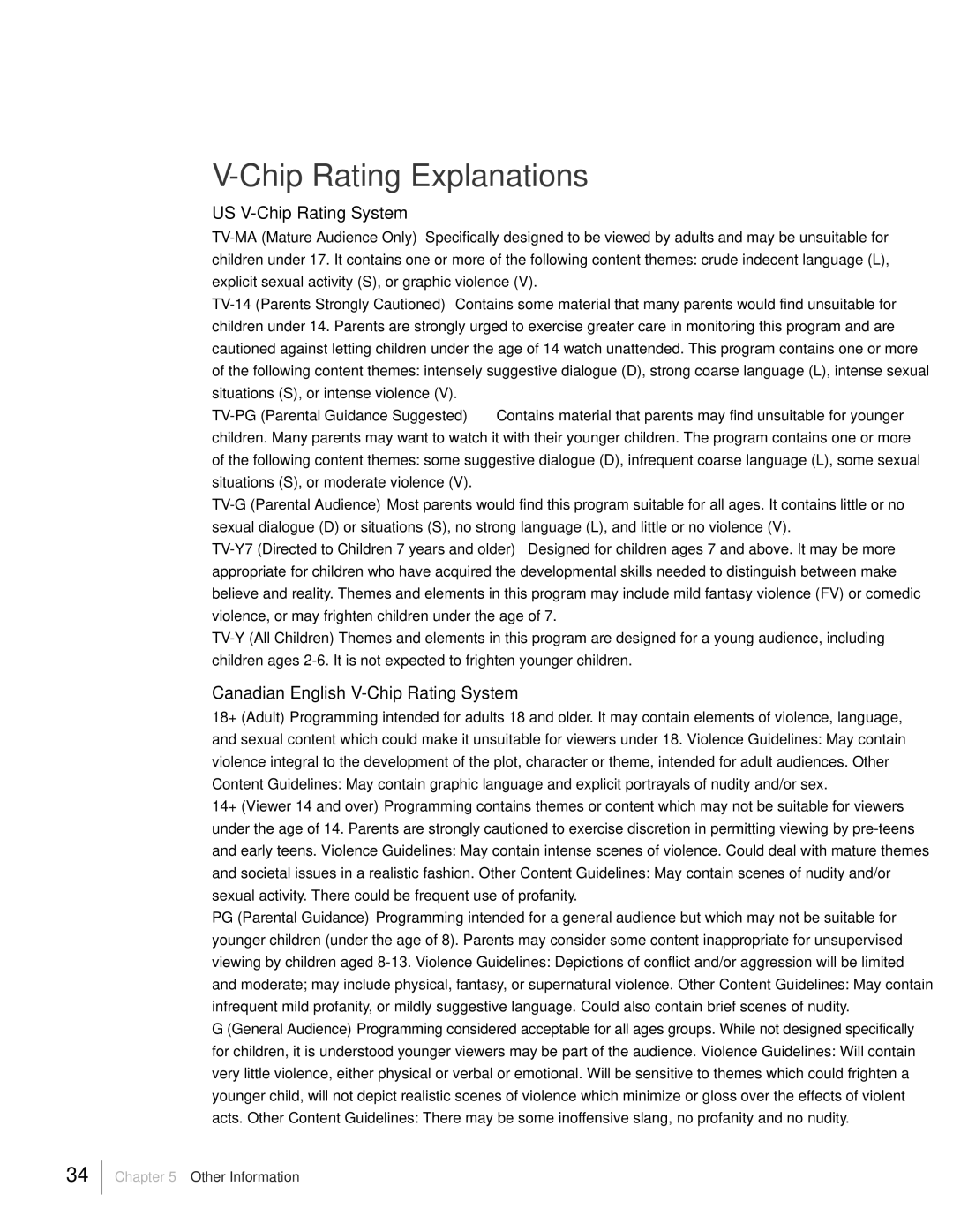 RCA L19HD41 warranty Chip Rating Explanations, US V-Chip Rating System, Canadian English V-Chip Rating System 