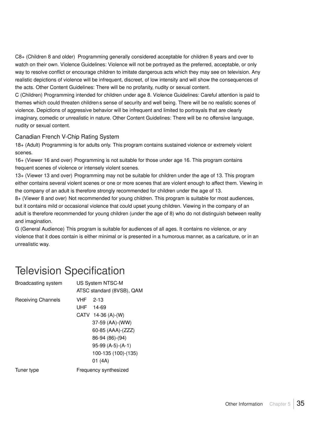 RCA L19HD41 warranty Television Specification, Canadian French V-Chip Rating System 