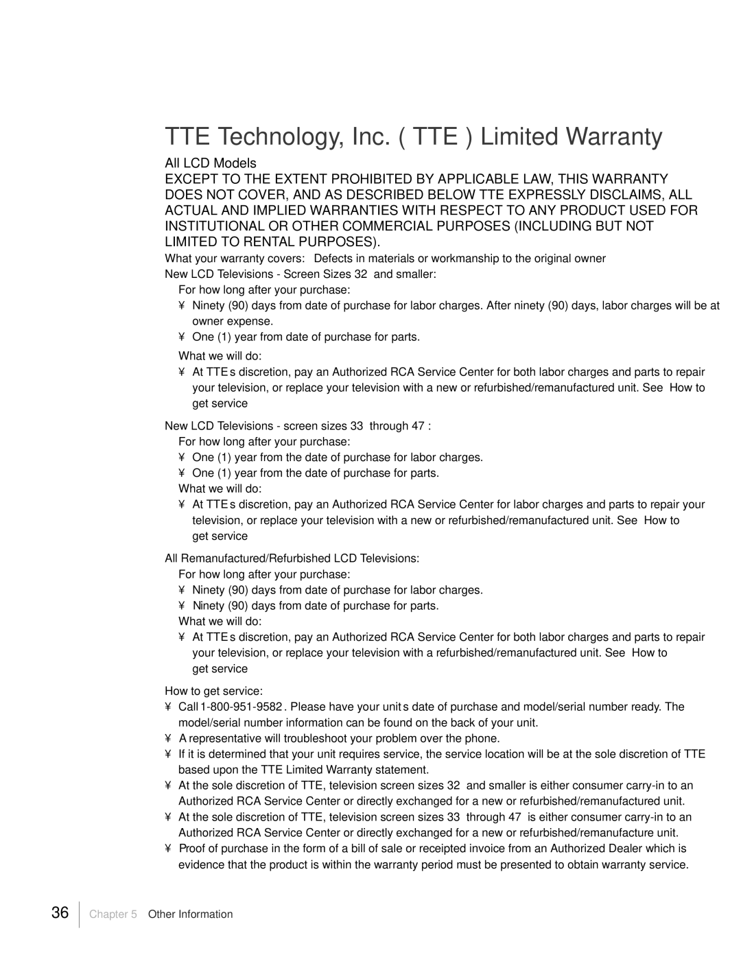 RCA L19HD41 warranty TTE Technology, Inc. Òtteó Limited Warranty, All LCD Models 