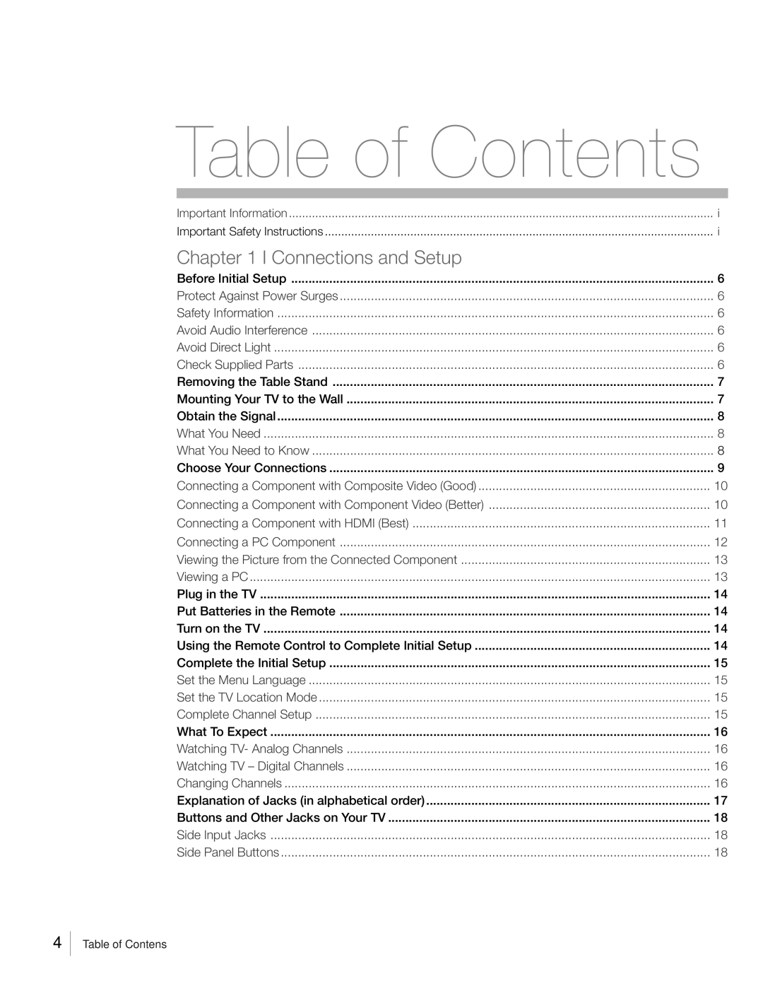 RCA L19HD41 warranty Table of Contents 