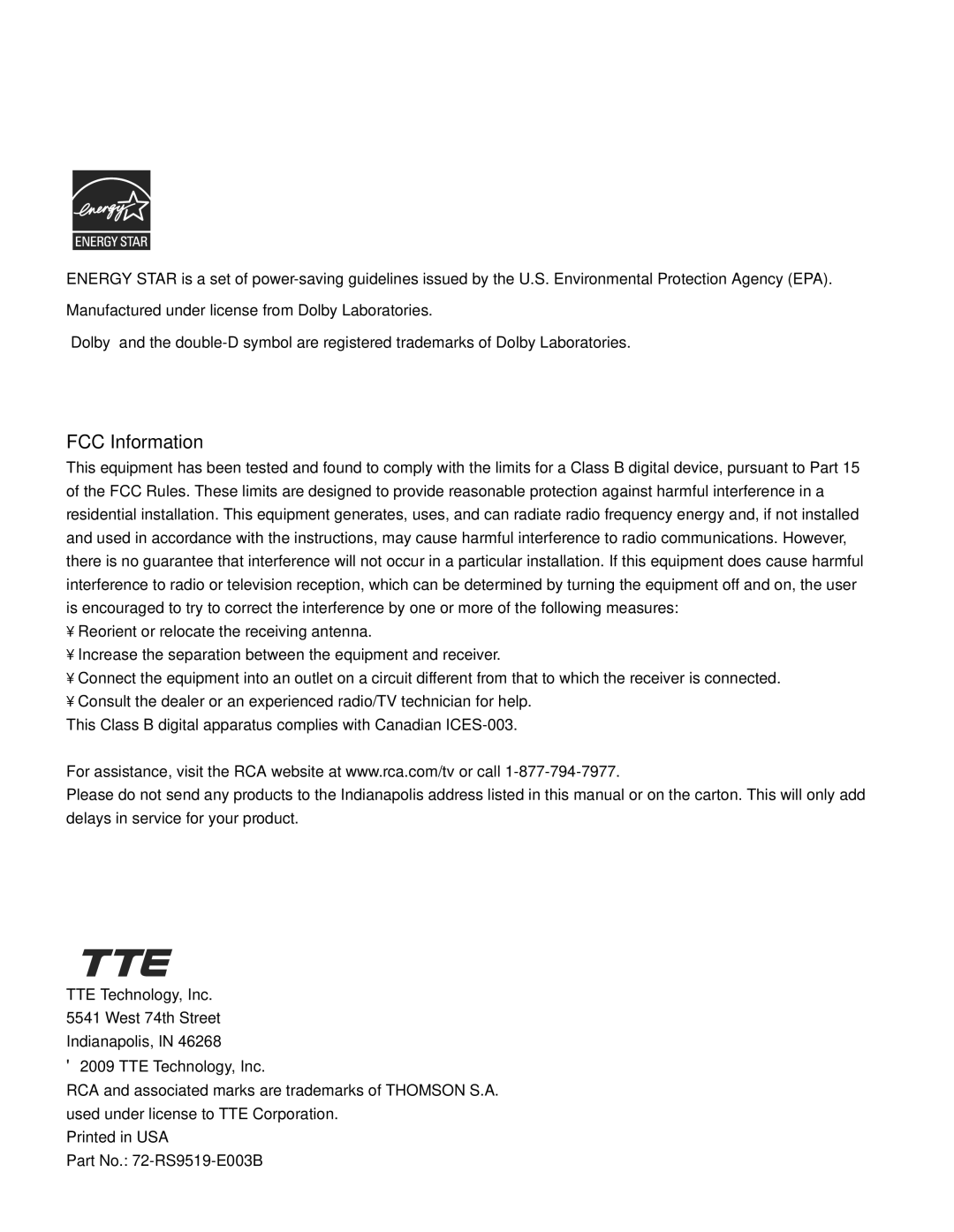 RCA L19HD41 warranty FCC Information 