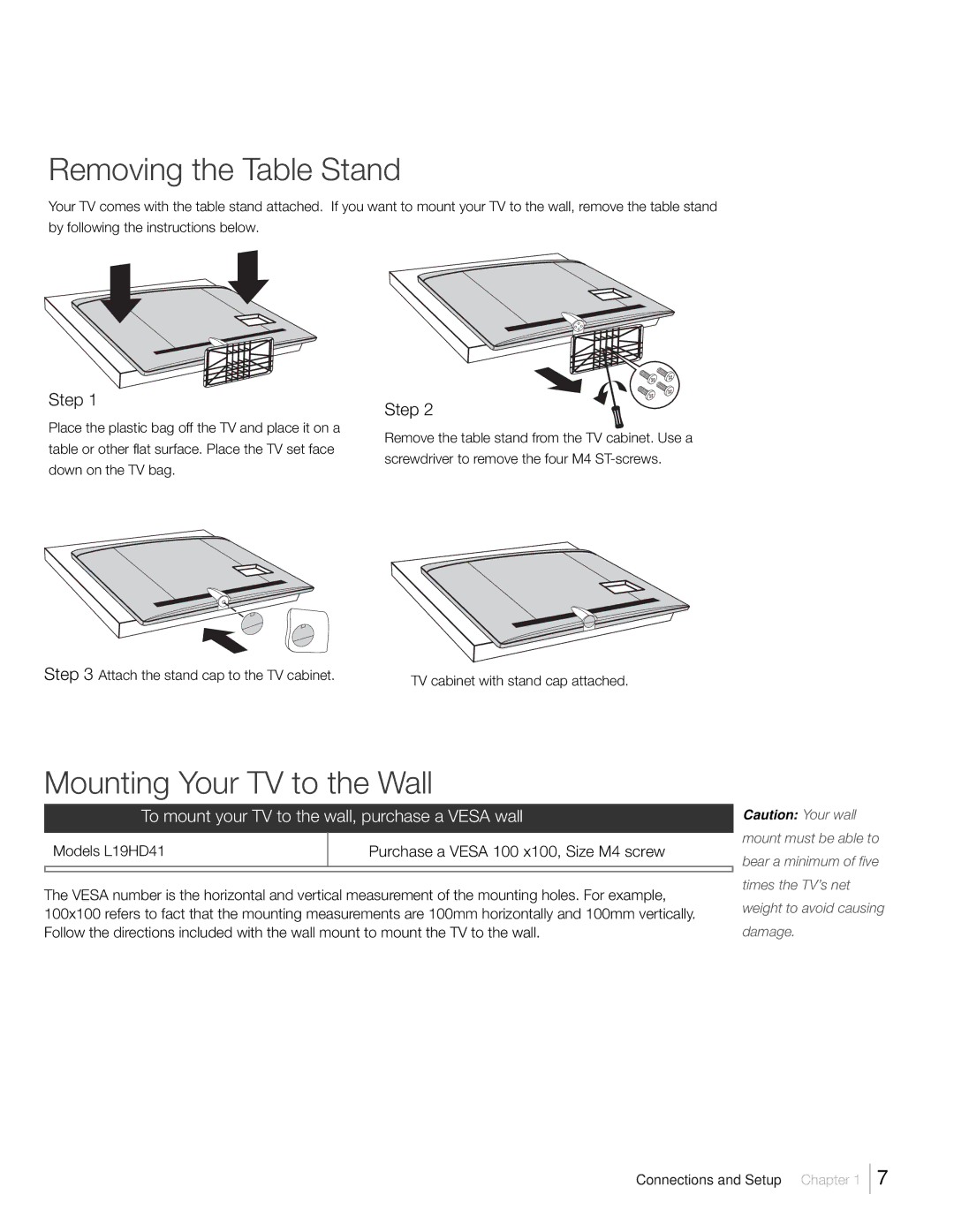 RCA L19HD41 warranty Removing the Table Stand, Mounting Your TV to the Wall, Step 