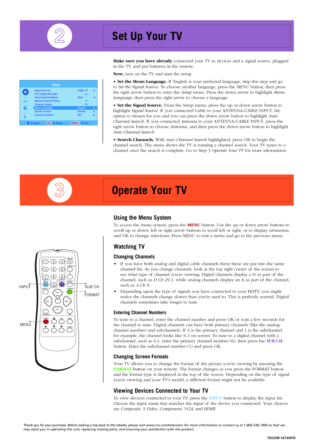 RCA L19WD20 Set Up Your TV, Operate Your TV, Using the Menu System, Watching TV, Viewing Devices Connected to Your TV 