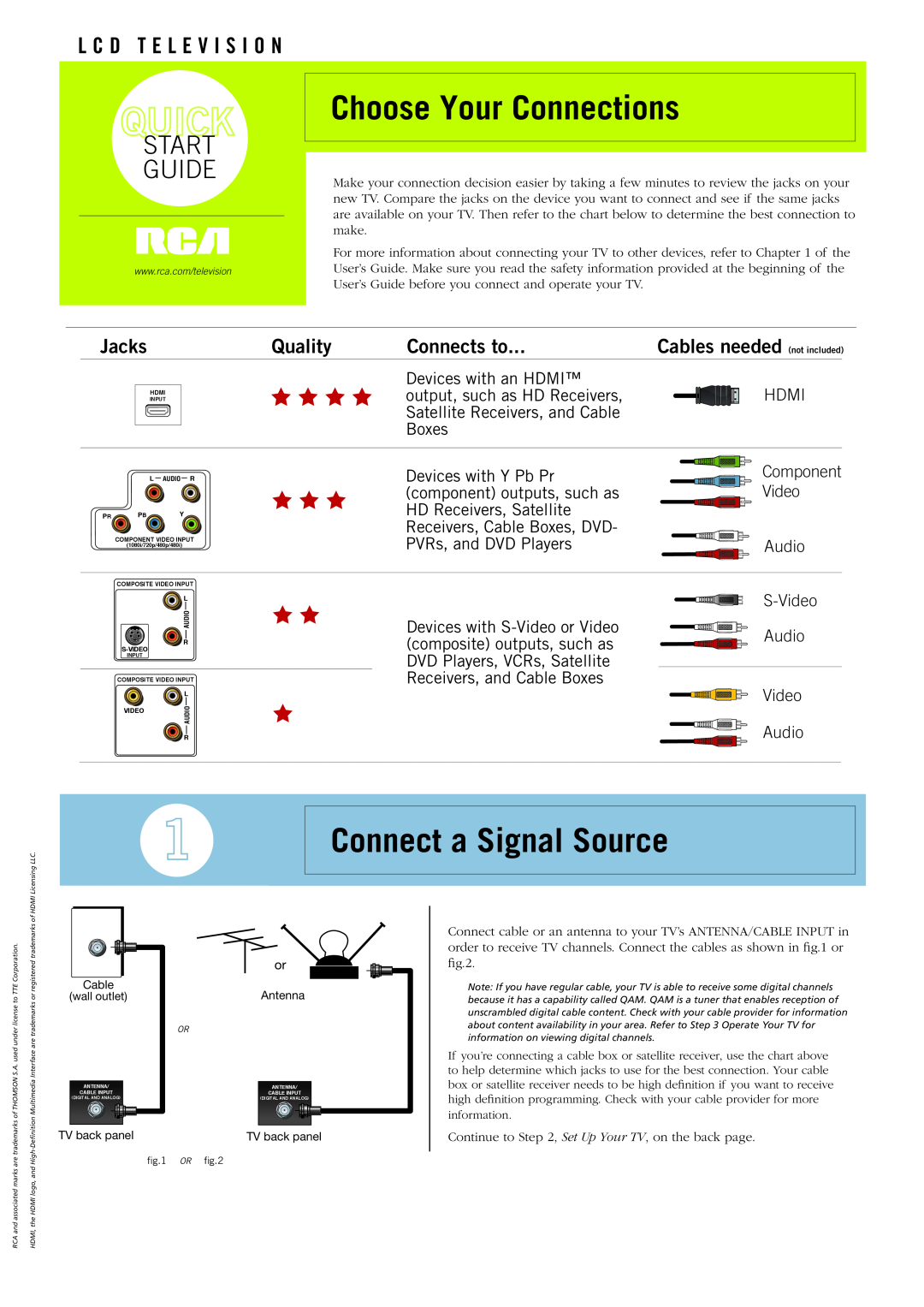 RCA L19WD20 manual Choose Your Connections, Connect a Signal Source, Start Guide, L C D T E L E V I S I O N, Jacks, Boxes 