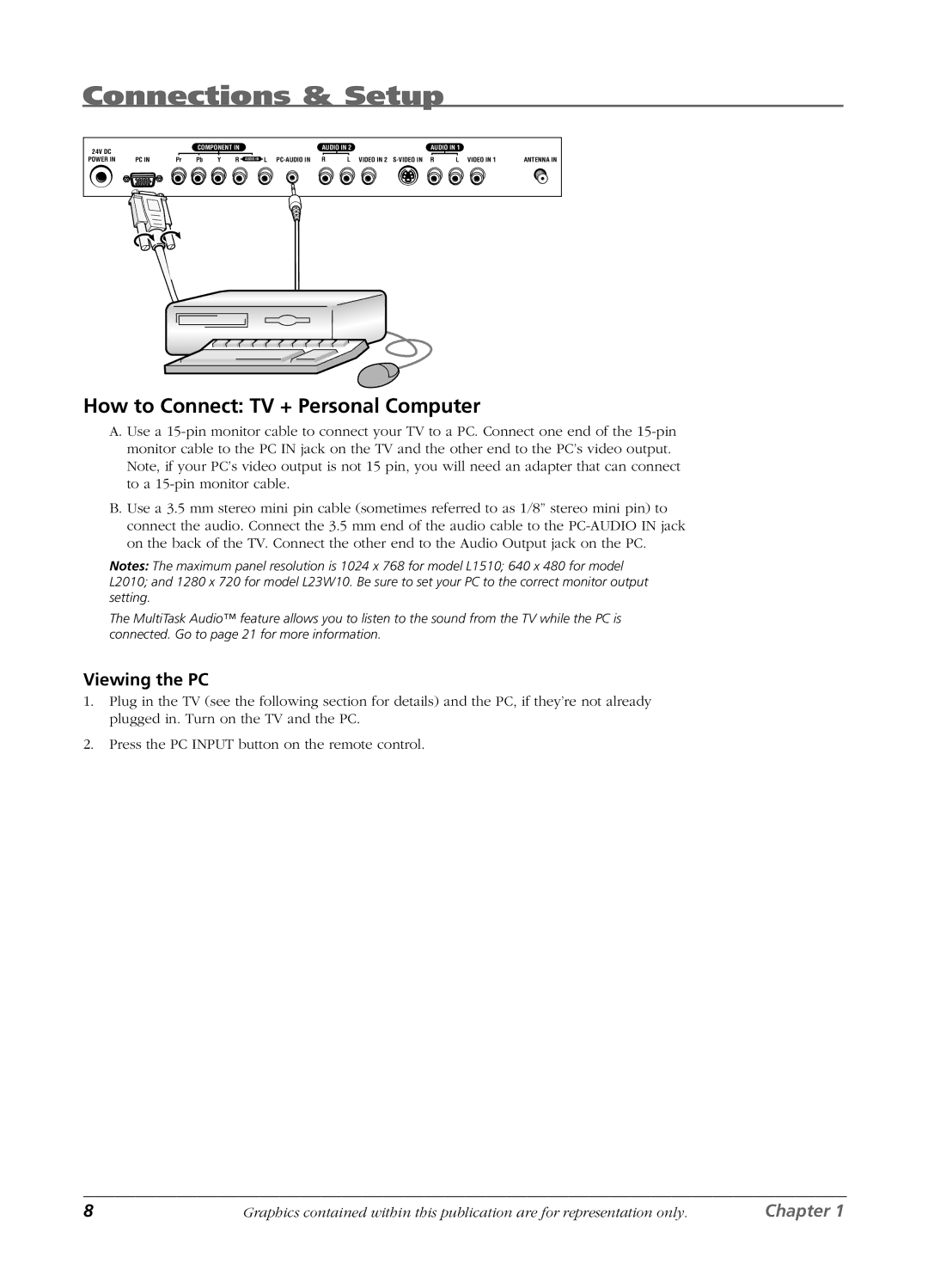 RCA L2010, L23W10, L1510 manual How to Connect TV + Personal Computer, Viewing the PC 