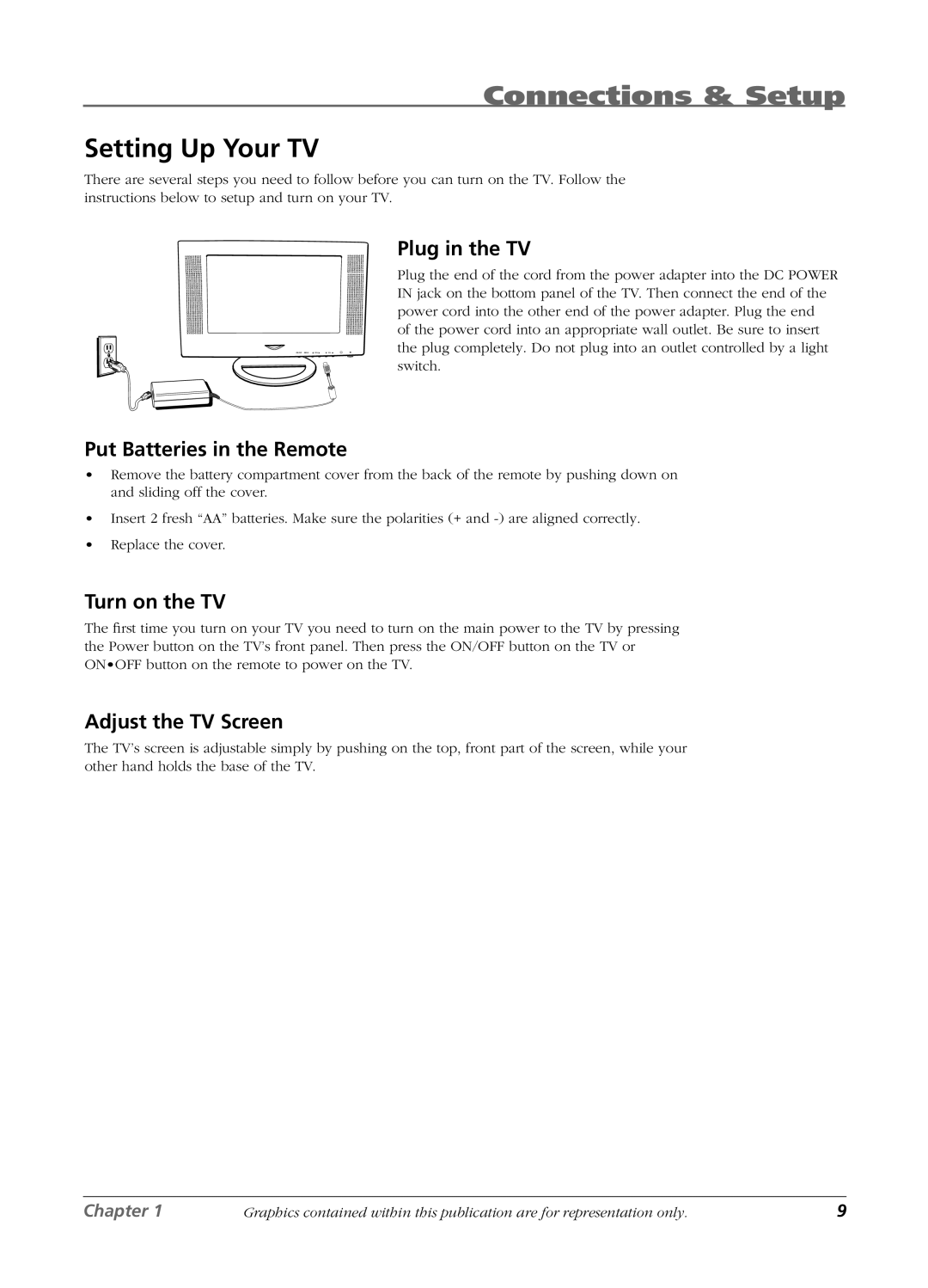 RCA L23W10, L2010 Setting Up Your TV, Plug in the TV, Put Batteries in the Remote, Turn on the TV, Adjust the TV Screen 