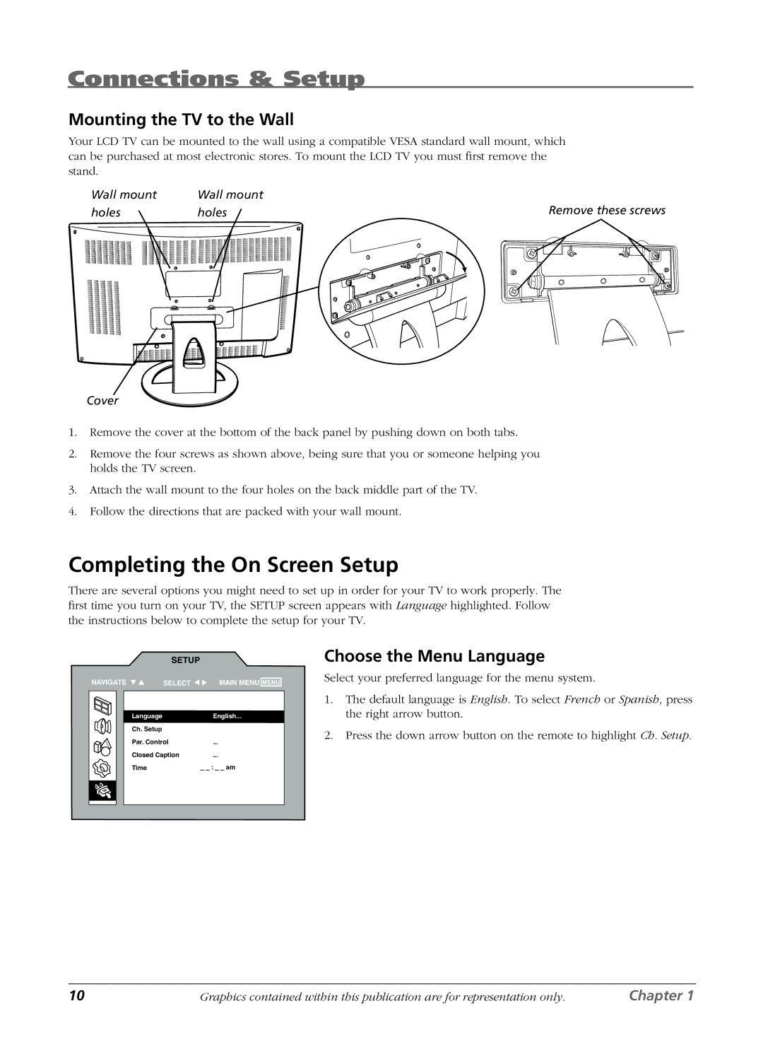 RCA L1510, L2010, L23W10 manual Completing the On Screen Setup, Mounting the TV to the Wall, Choose the Menu Language 