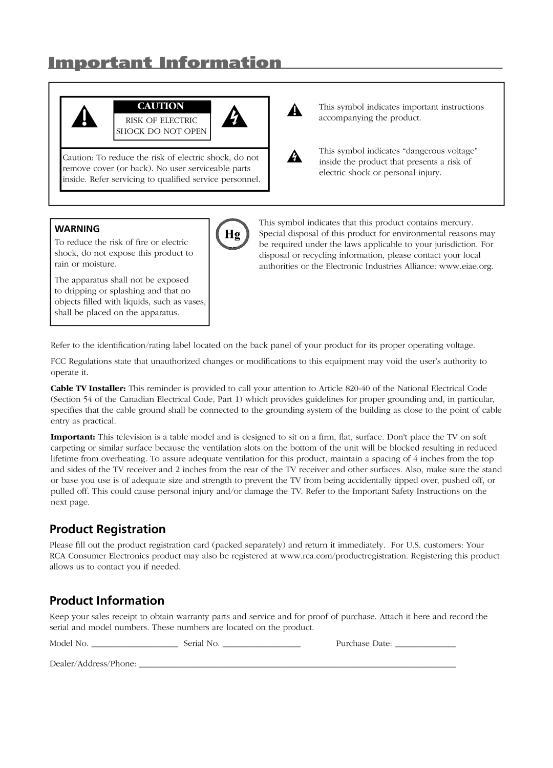 RCA L1510, L2010, L23W10 manual Important Information, Product Registration Product Information 