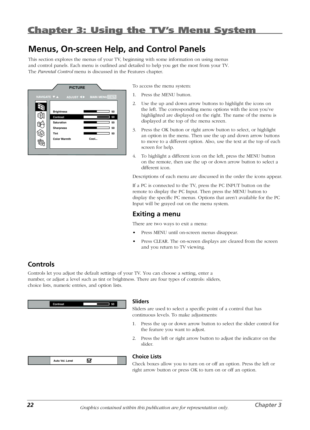 RCA L1510, L2010, L23W10 Using the TV’s Menu System, Menus, On-screen Help, and Control Panels, Exiting a menu, Controls 