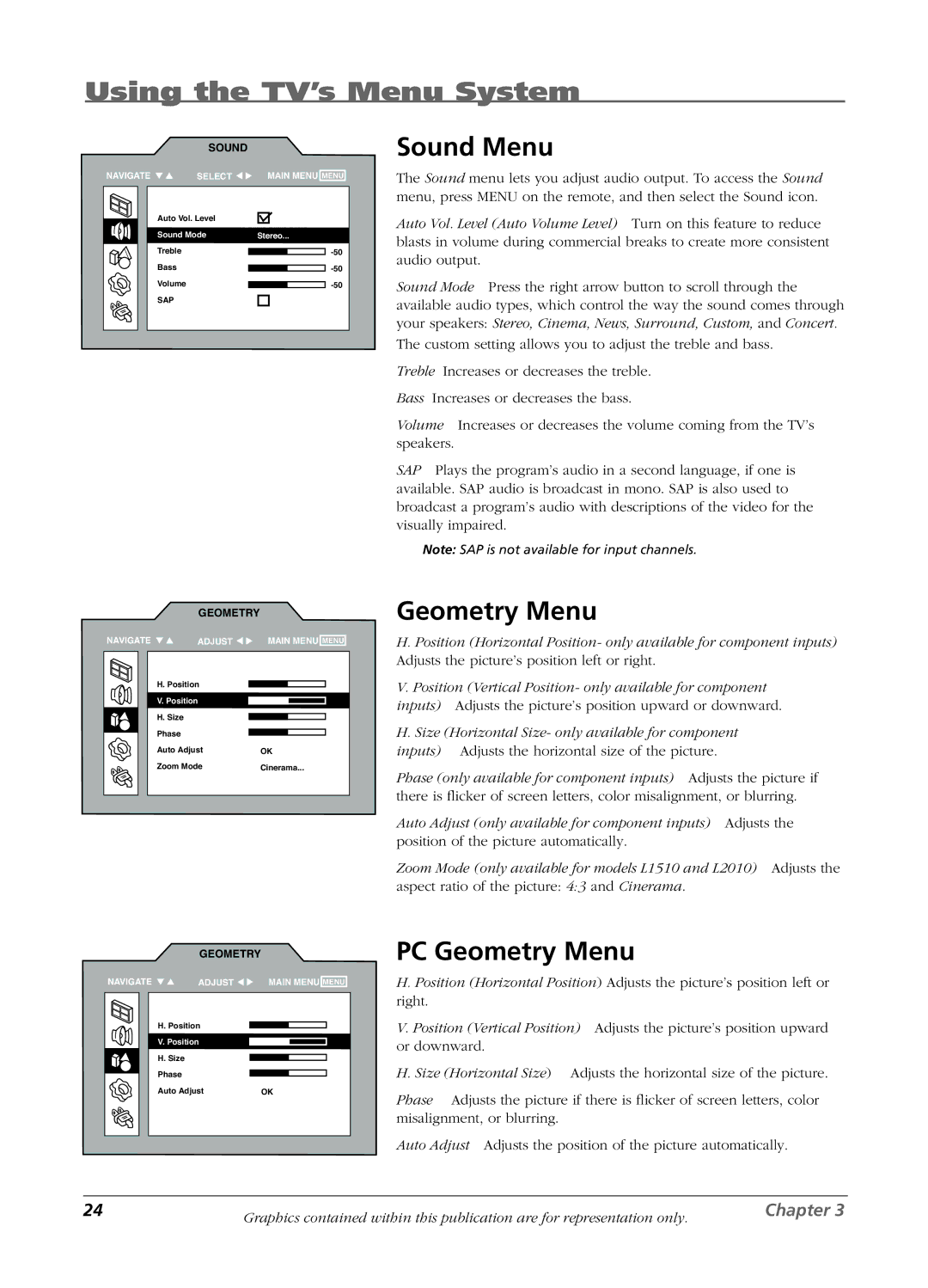 RCA L23W10, L2010, L1510 manual Sound Menu, PC Geometry Menu 