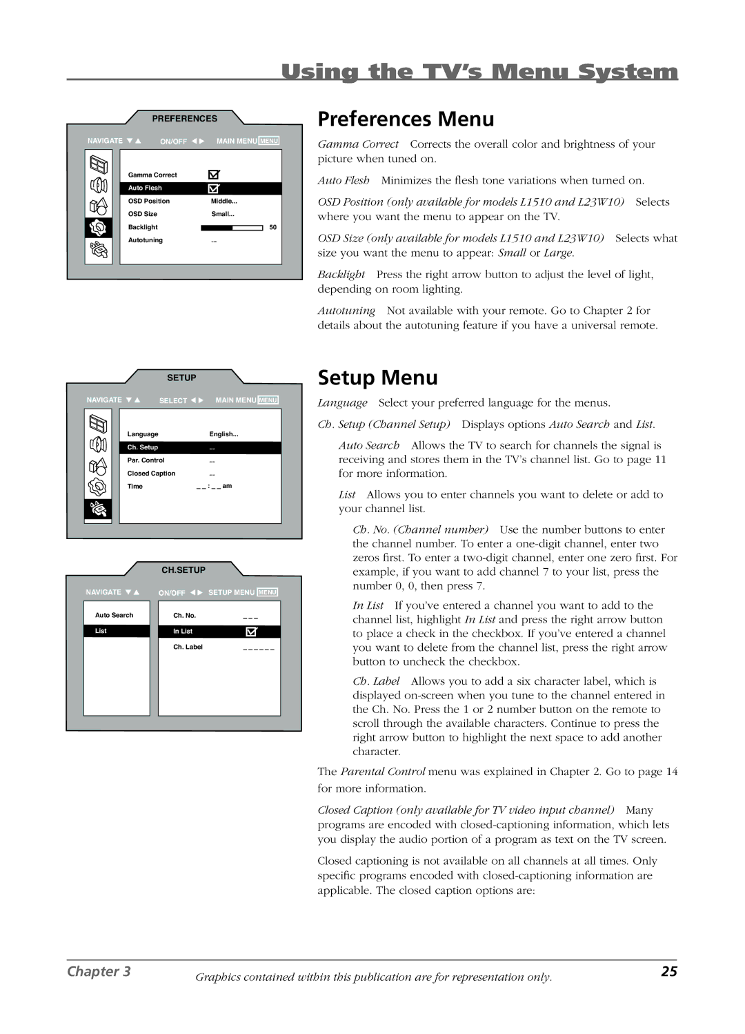 RCA L1510, L2010, L23W10 manual Preferences Menu, Setup Menu 