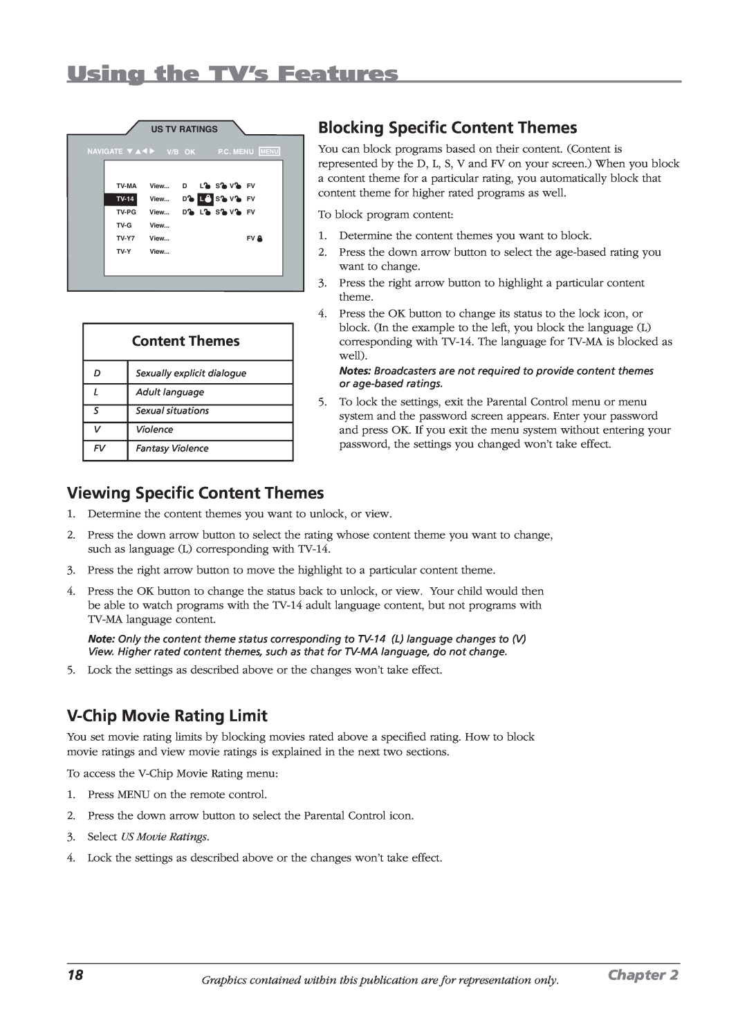 RCA L23W10, L2010 manual Blocking Speciﬁc Content Themes, Viewing Speciﬁc Content Themes, V-Chip Movie Rating Limit, Chapter 