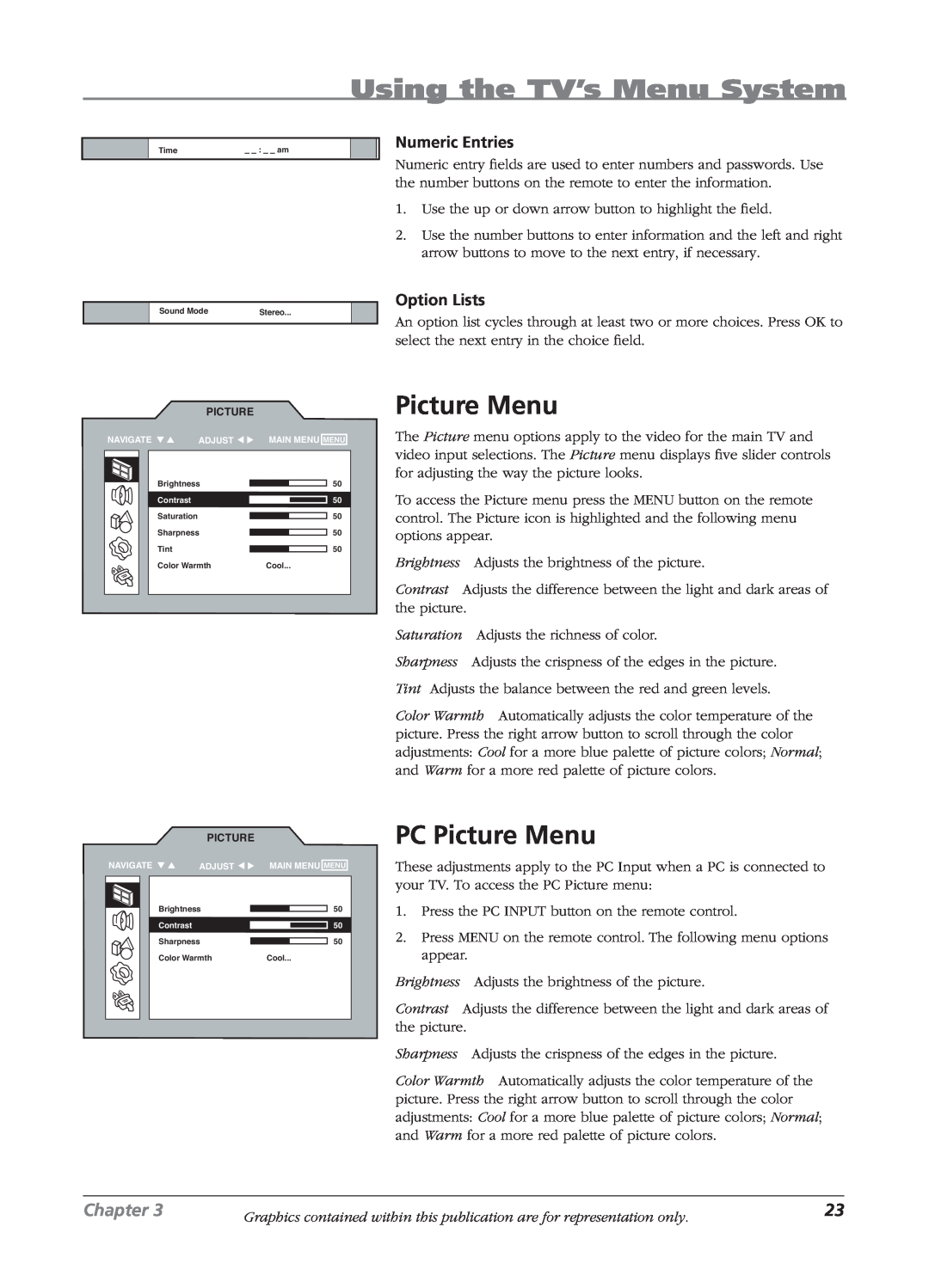 RCA L2010, L23W10, L1510 manual Using the TV’s Menu System, PC Picture Menu, Numeric Entries, Option Lists, Chapter 