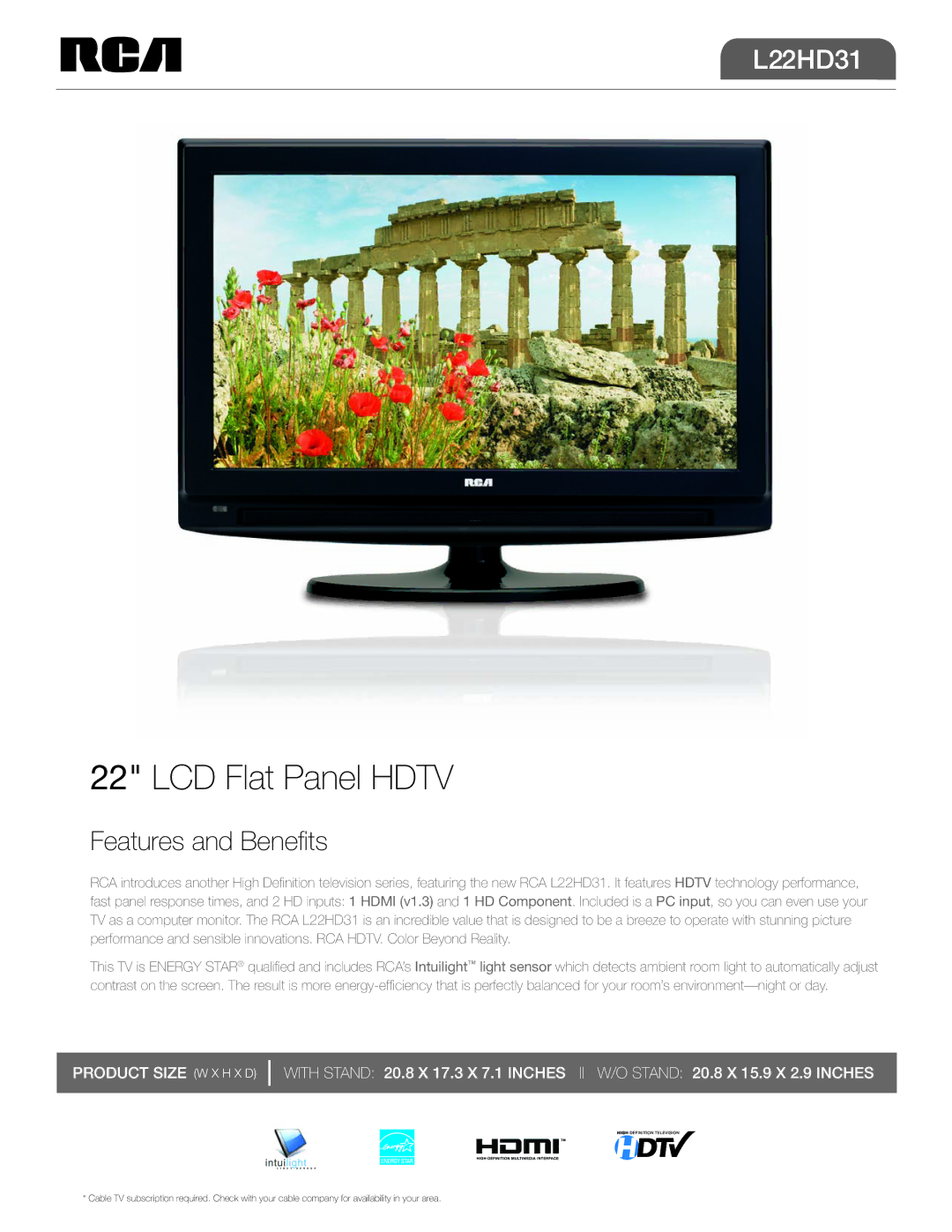 RCA L22HD31 manual LCD Flat Panel Hdtv 