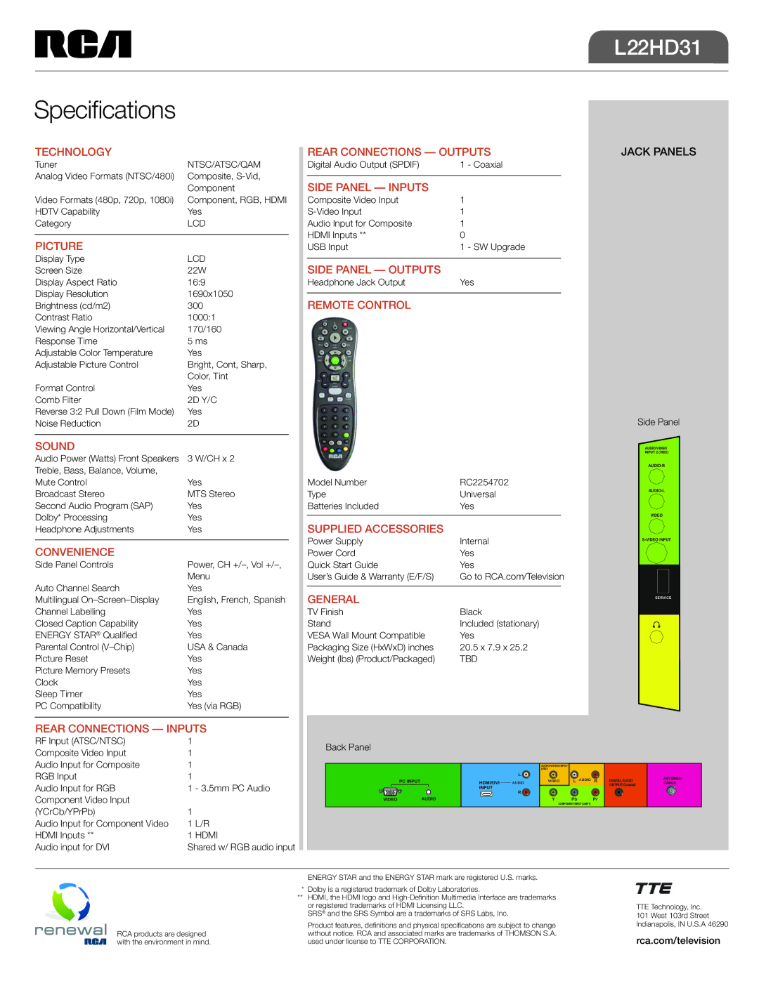 RCA L22HD31 Technology, Picture, Rear Connections Outputs, Side Panel Inputs, Side Panel Outputs, Remote Control, Sound 