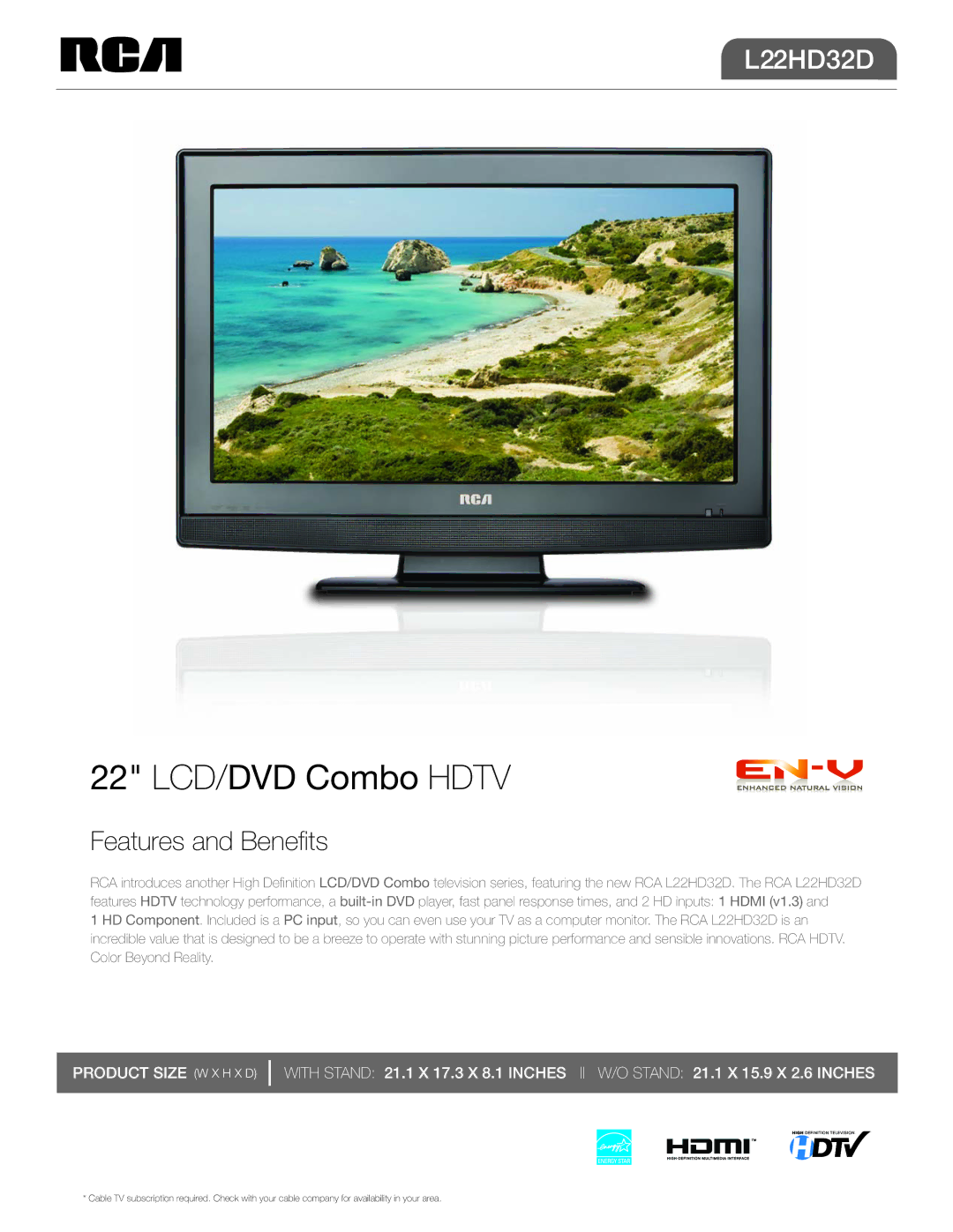 RCA L22HD32D manual 22 LCD/DVD Combo Hdtv 