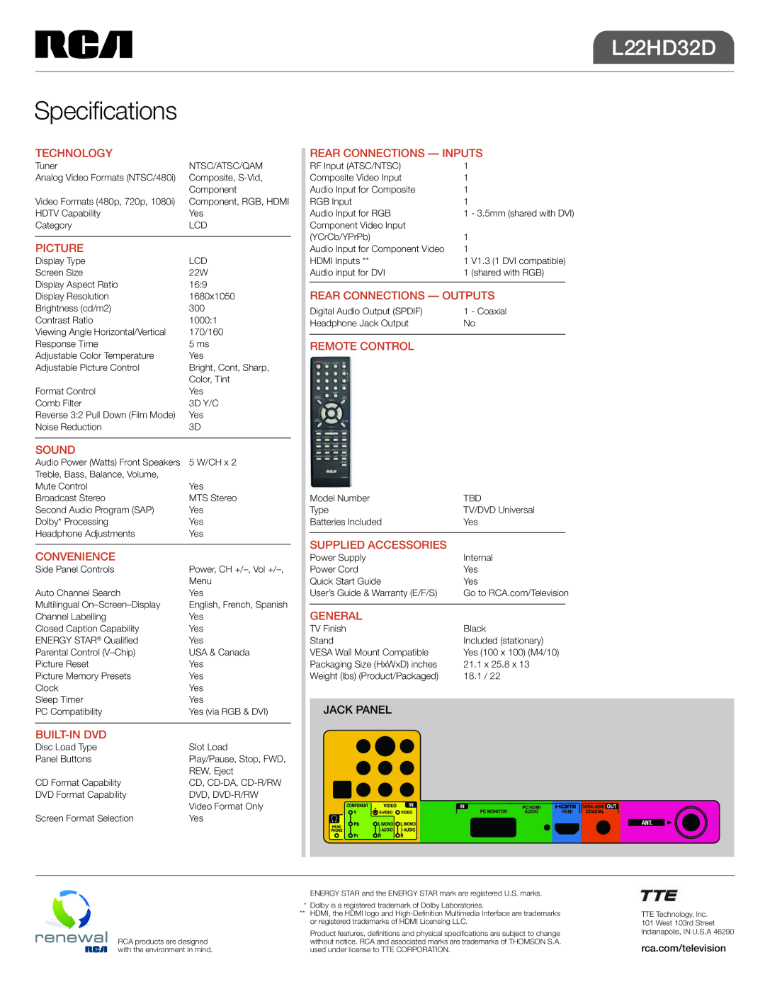 RCA L22HD32D Technology, Picture, Sound, Convenience, Built-In Dvd, Rear Connections Inputs, Rear Connections Outputs 