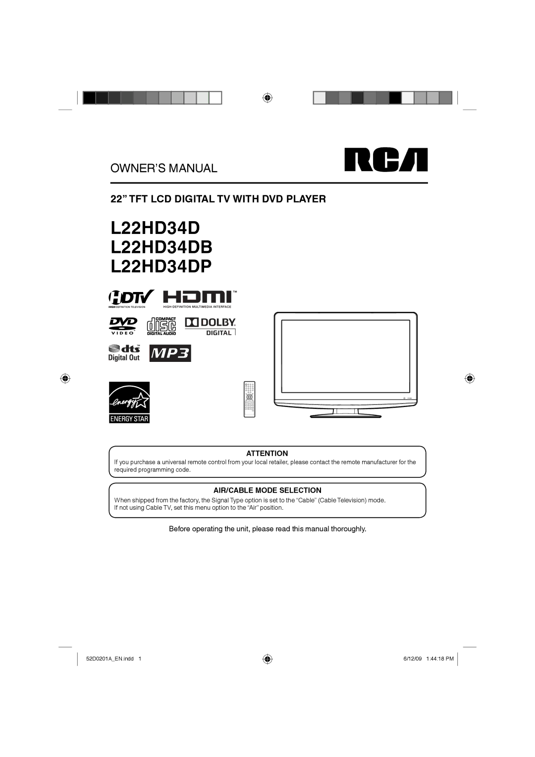 RCA l22HD34DB owner manual L22HD34DB L22HD34DP 