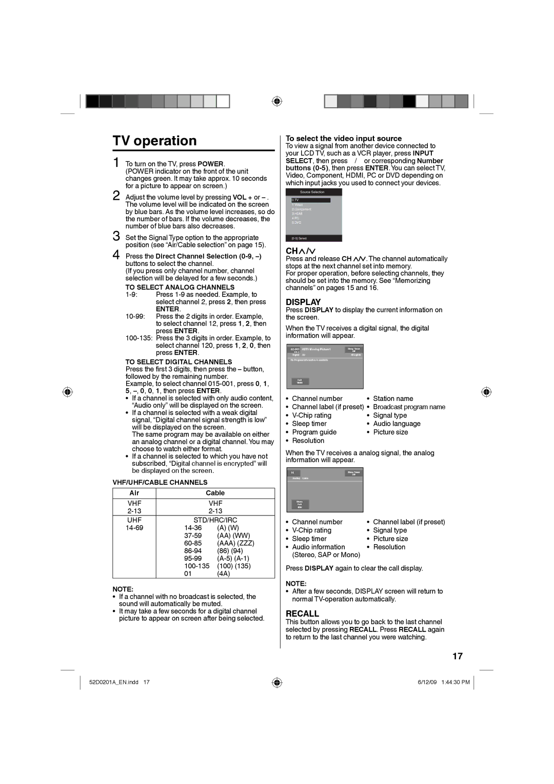 RCA L22HD34D TV operation, To select the video input source, To Select Analog Channels, To Select Digital Channels 