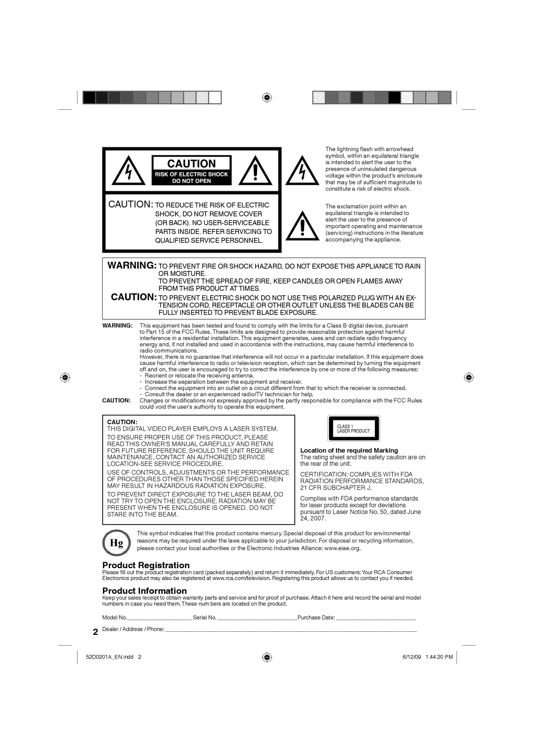 RCA l22HD34DB, L22HD34DP owner manual Product Registration Product Information 