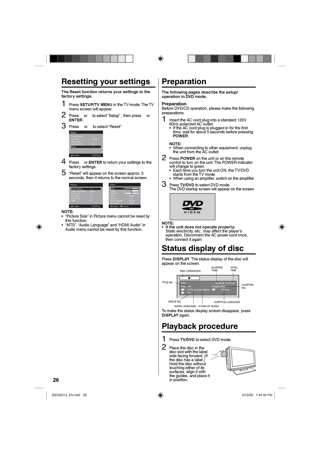 RCA l22HD34DB, L22HD34DP owner manual Preparation, Status display of disc, Playback procedure, Power 