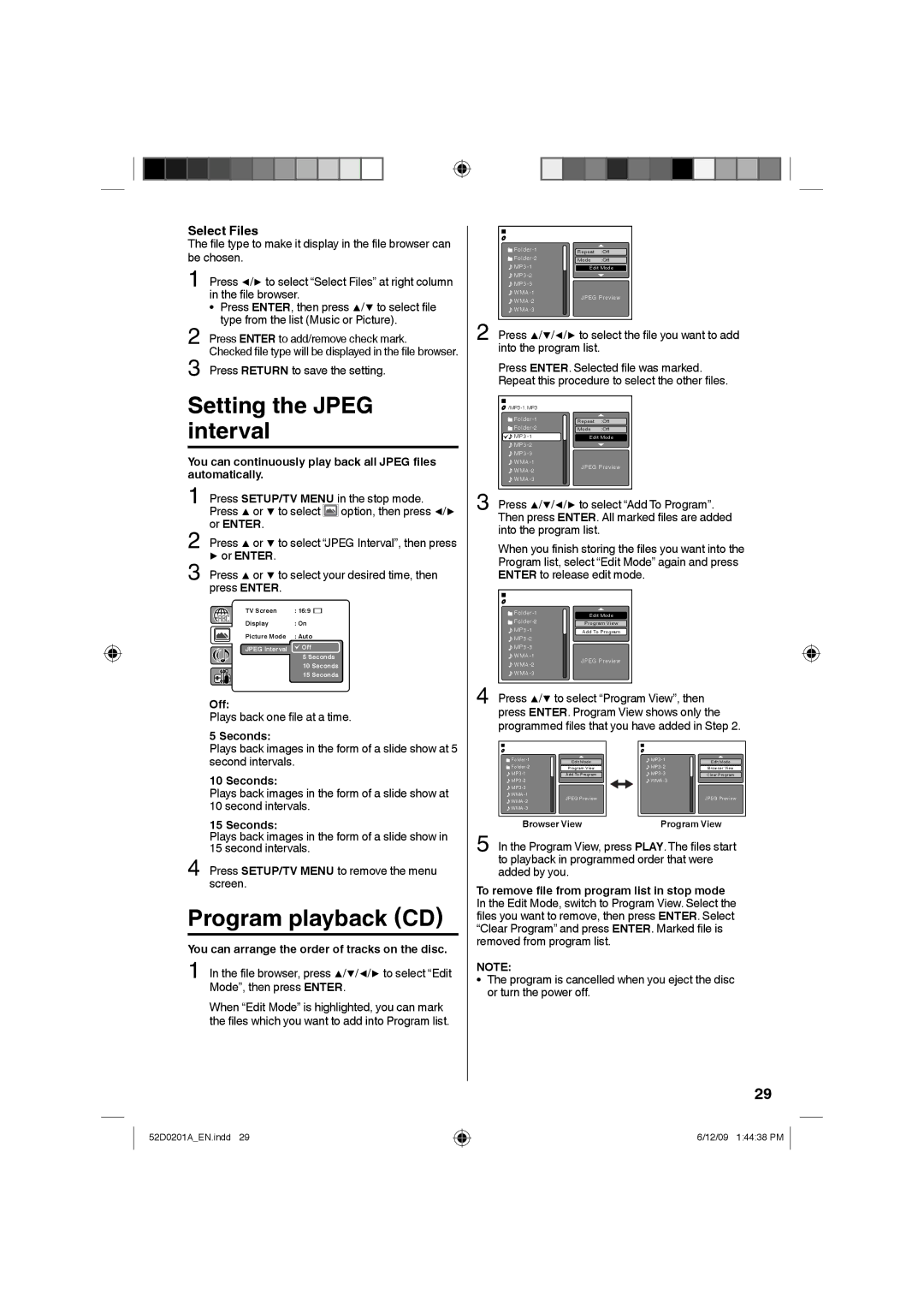 RCA L22HD34D Setting the Jpeg interval, Select Files, You can continuously play back all Jpeg files automatically, Off 