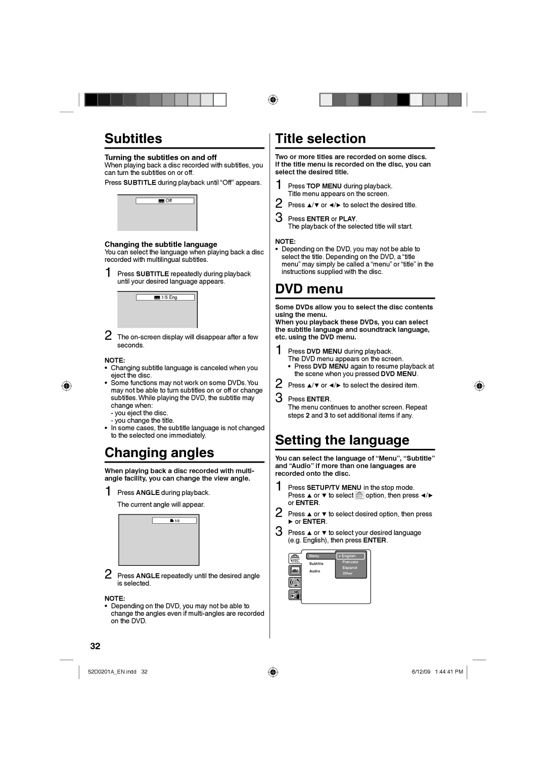 RCA l22HD34DB, L22HD34DP owner manual Title selection, DVD menu, Setting the language 