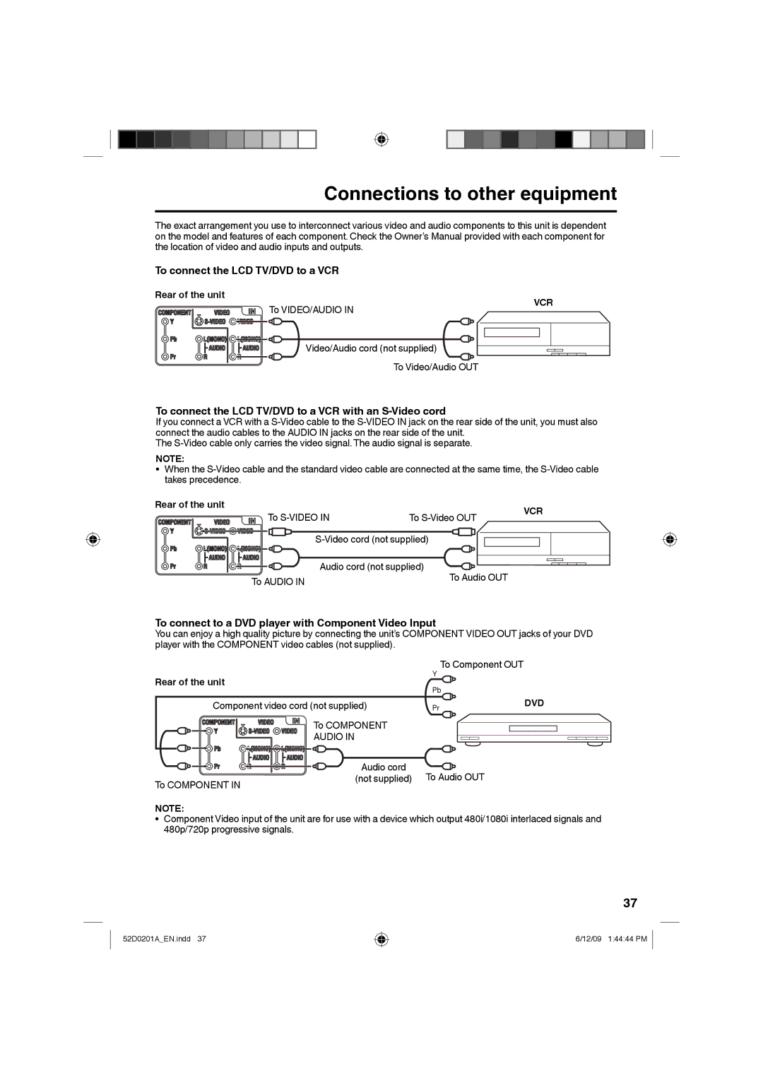 RCA L22HD34DP, l22HD34DB owner manual Connections to other equipment, To connect the LCD TV/DVD to a VCR, Rear of the unit 