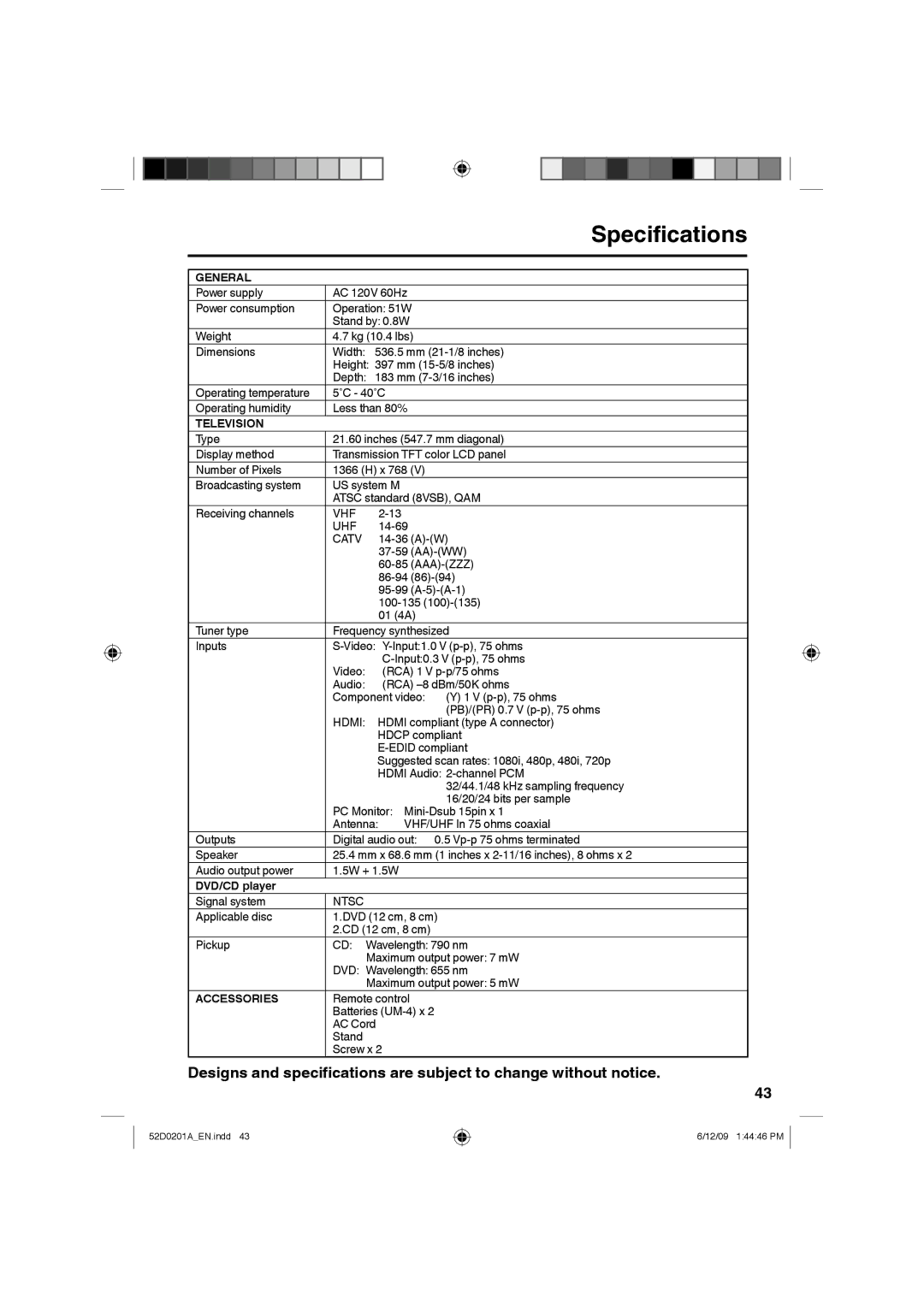 RCA L22HD34DP, l22HD34DB owner manual Specifications, General, Television, DVD/CD player, Accessories 